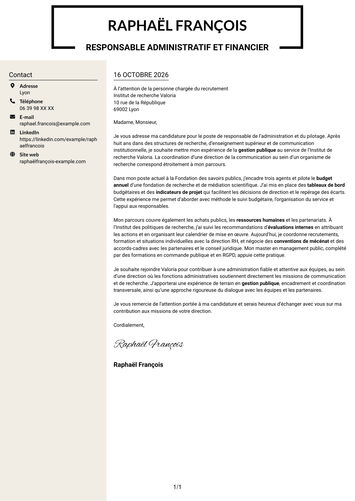 Lettre de motivation Fonceur (format à deux colonnes avec en-tête centré sans photo) : Responsable de l'administration et du pilotage - Gestion publique et RH, page 1