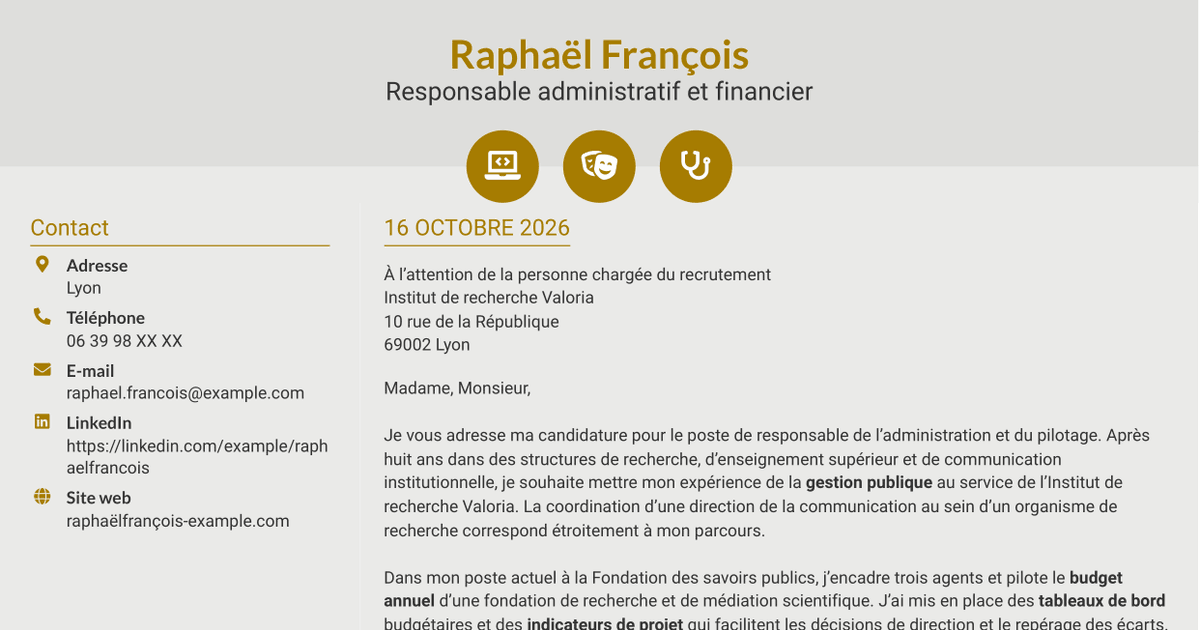 7 modèles de lettre de motivation pour Responsable de l'administration et du pilotage - Gestion publique et RH, avec exemples
