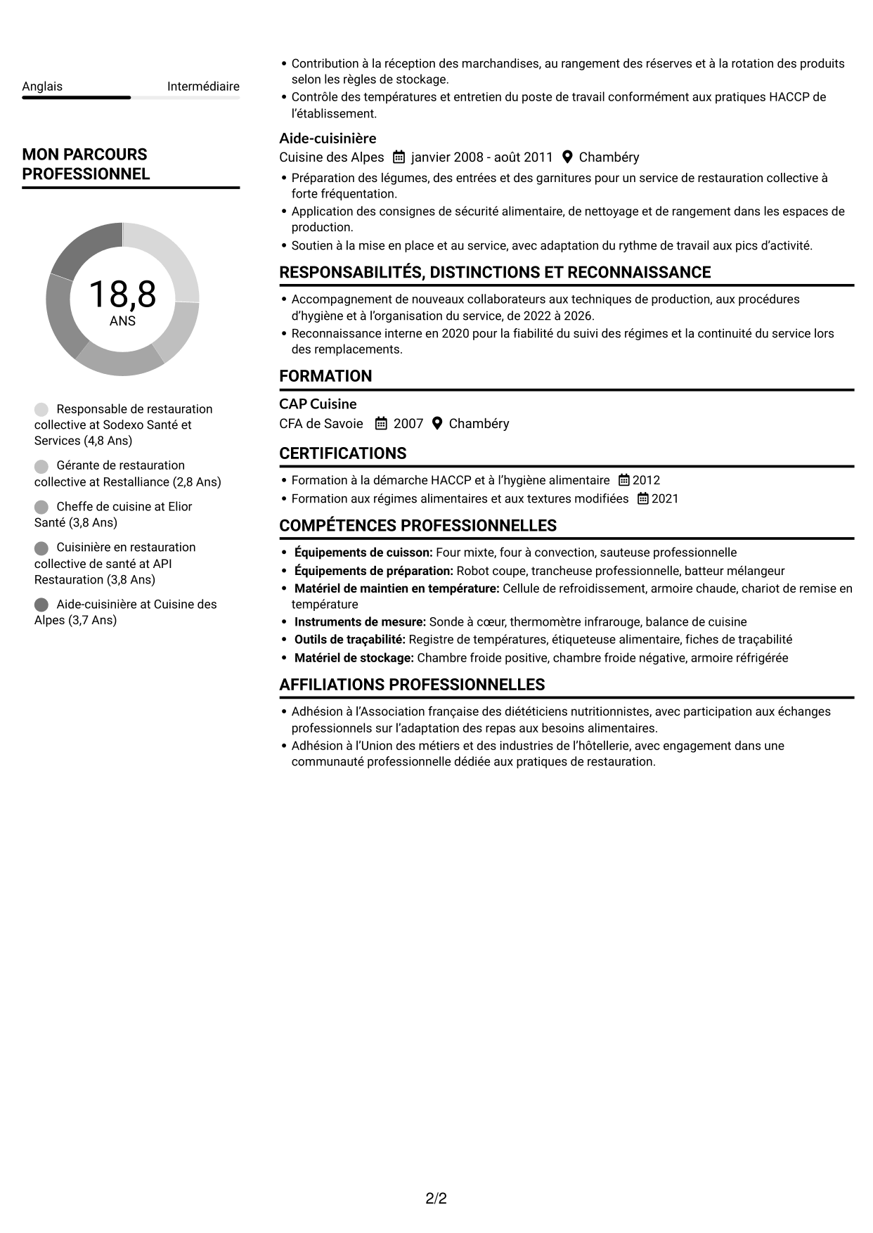 CV Compact (format sobre à deux colonnes avec photo) : Responsable de restauration collective - Restauration médico-sociale, page 2