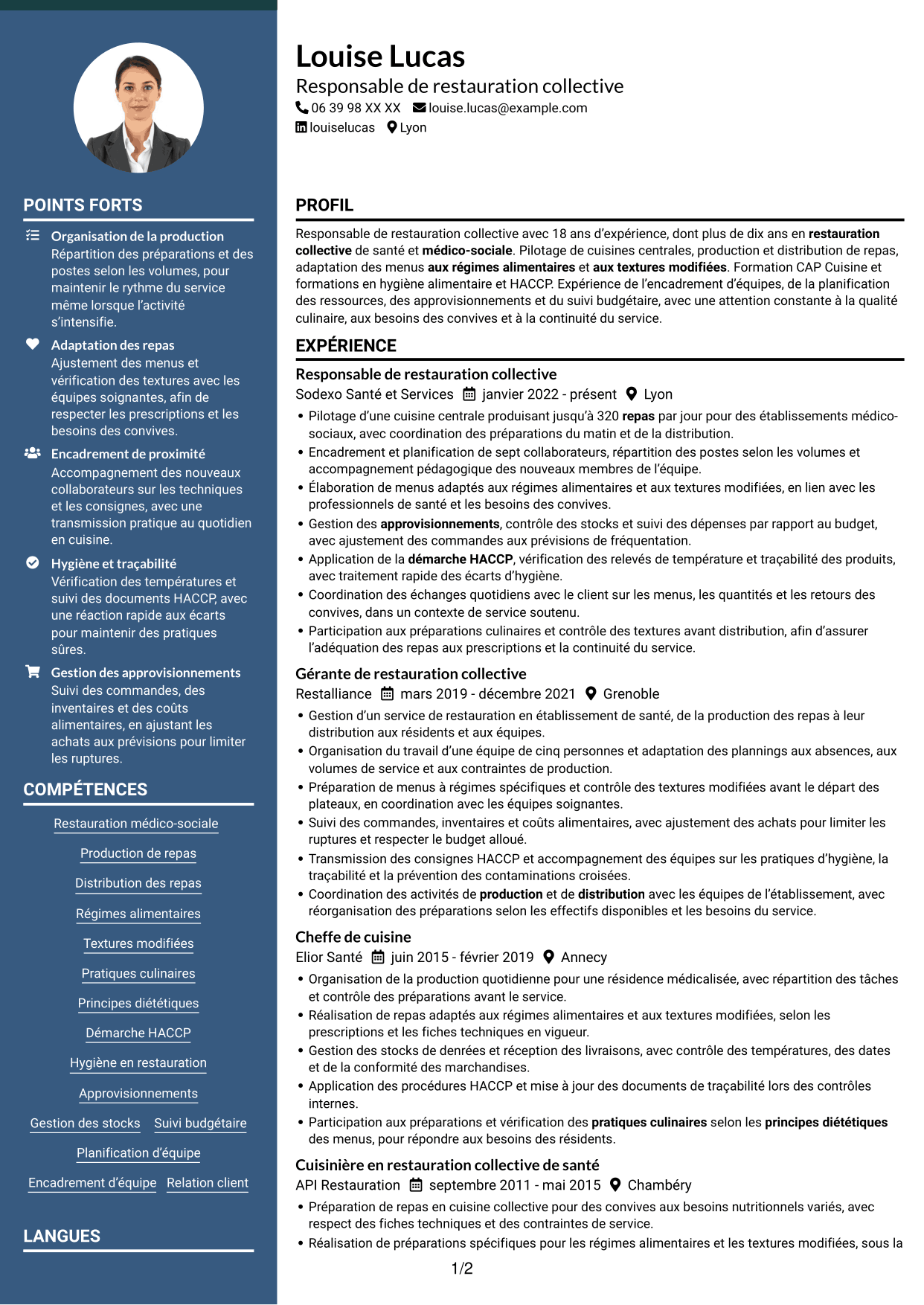 CV Élégant (format à colonne latérale colorée avec photo) : Responsable de restauration collective - Restauration médico-sociale, page 1