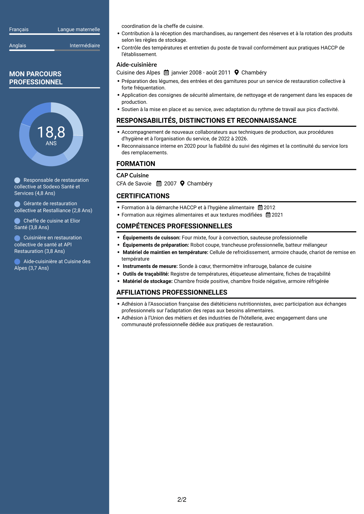 CV Élégant (format à colonne latérale colorée avec photo) : Responsable de restauration collective - Restauration médico-sociale, page 2