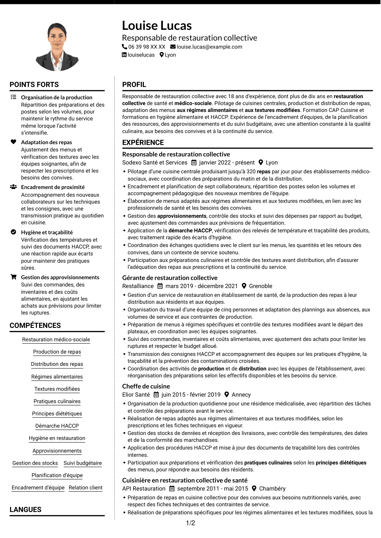CV Moderne (format à deux colonnes avec photo à gauche et séparateur) : Responsable de restauration collective - Restauration médico-sociale, page 1