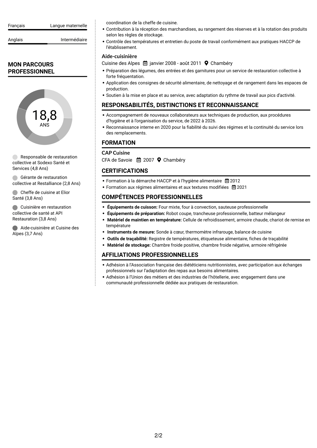 CV Moderne (format à deux colonnes avec photo à gauche et séparateur) : Responsable de restauration collective - Restauration médico-sociale, page 2