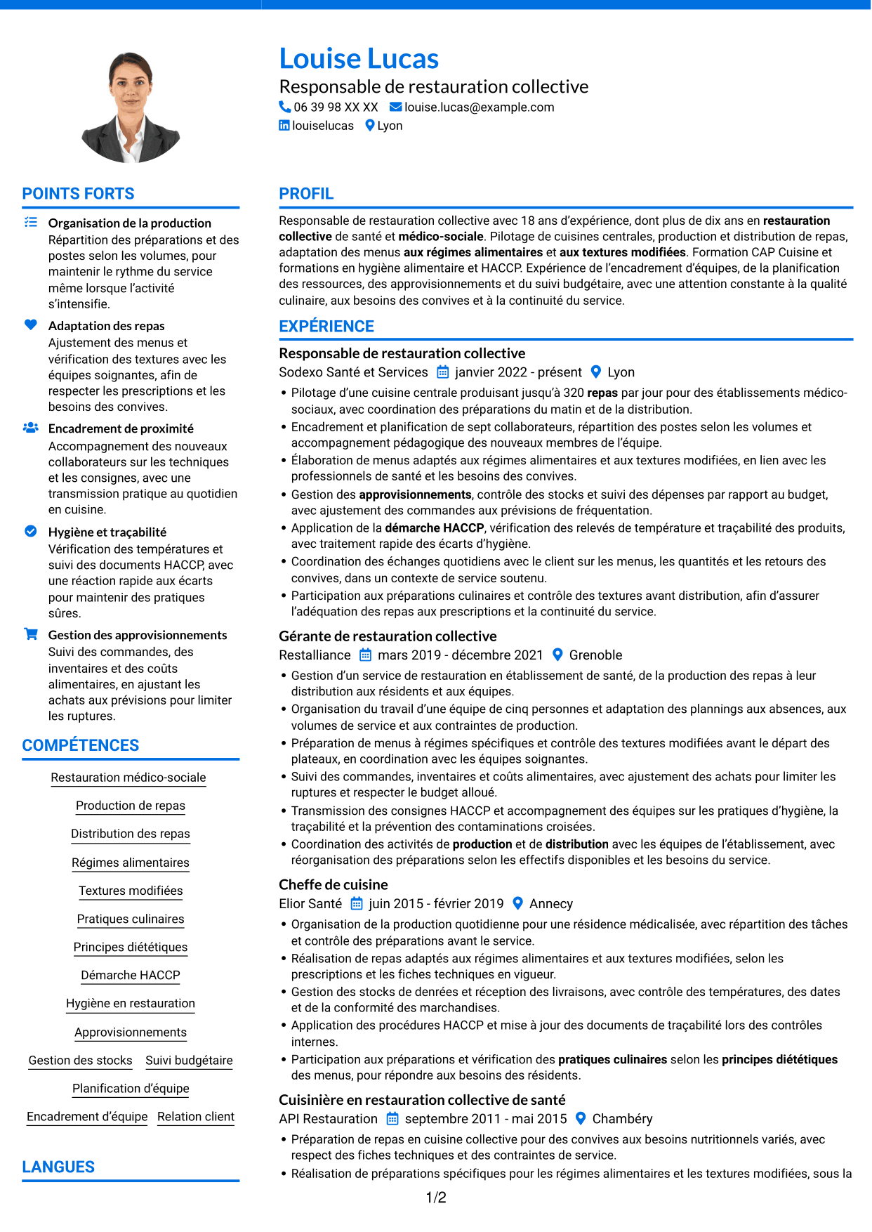 CV Audacieux (format à deux colonnes avec accents colorés et photo) : Responsable de restauration collective - Restauration médico-sociale, page 1