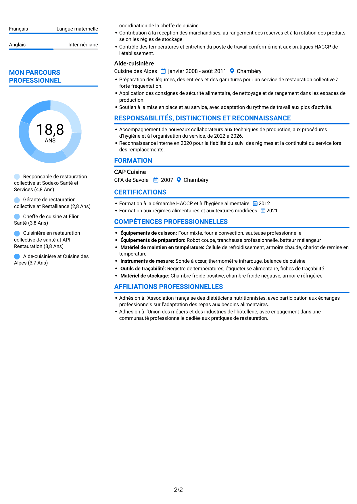 CV Audacieux (format à deux colonnes avec accents colorés et photo) : Responsable de restauration collective - Restauration médico-sociale, page 2