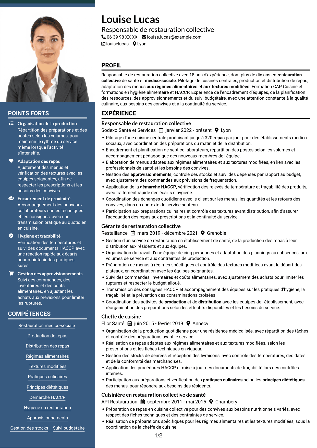 CV Signature (format à colonne latérale colorée avec grande photo) : Responsable de restauration collective - Restauration médico-sociale, page 1