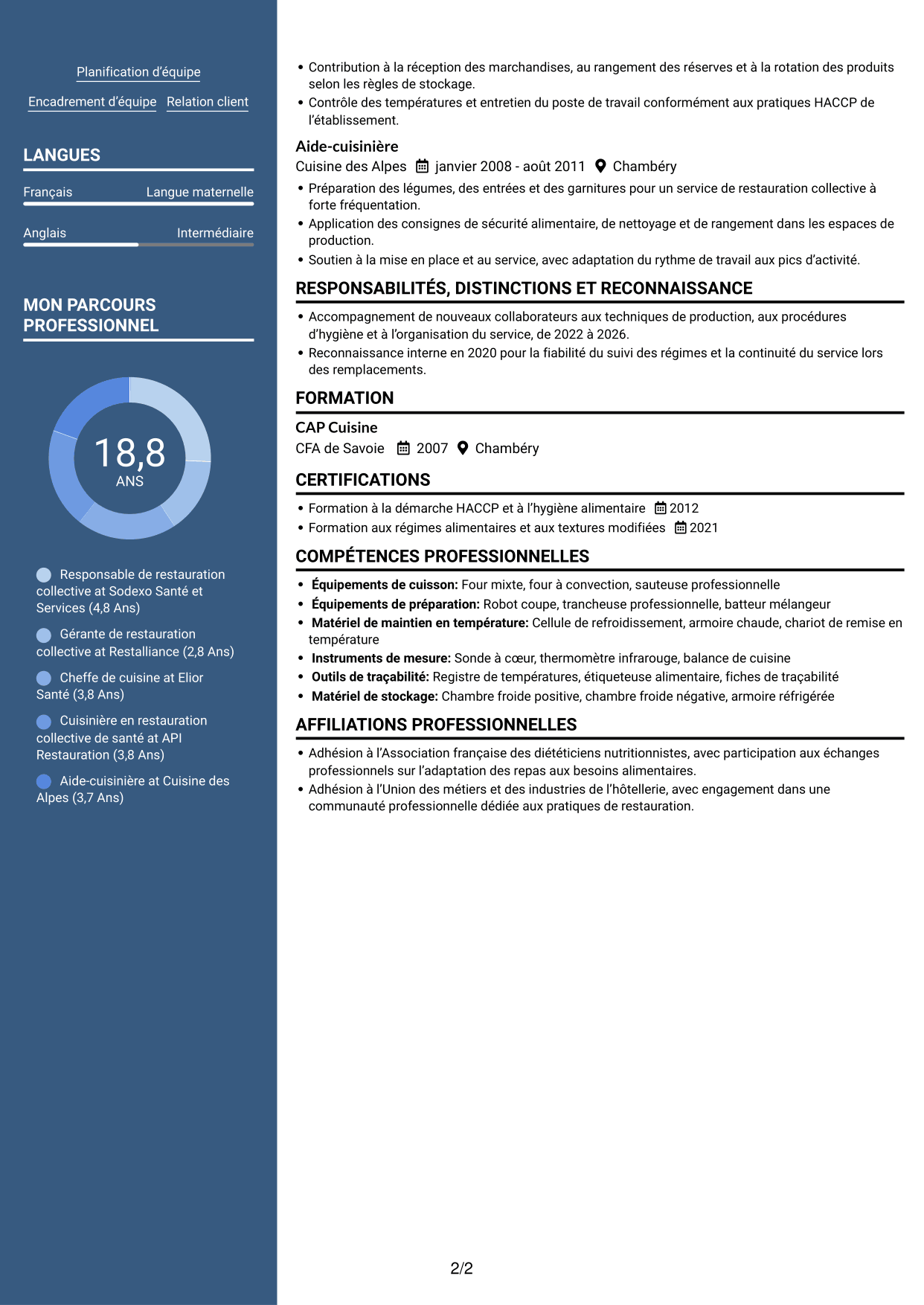 CV Signature (format à colonne latérale colorée avec grande photo) : Responsable de restauration collective - Restauration médico-sociale, page 2