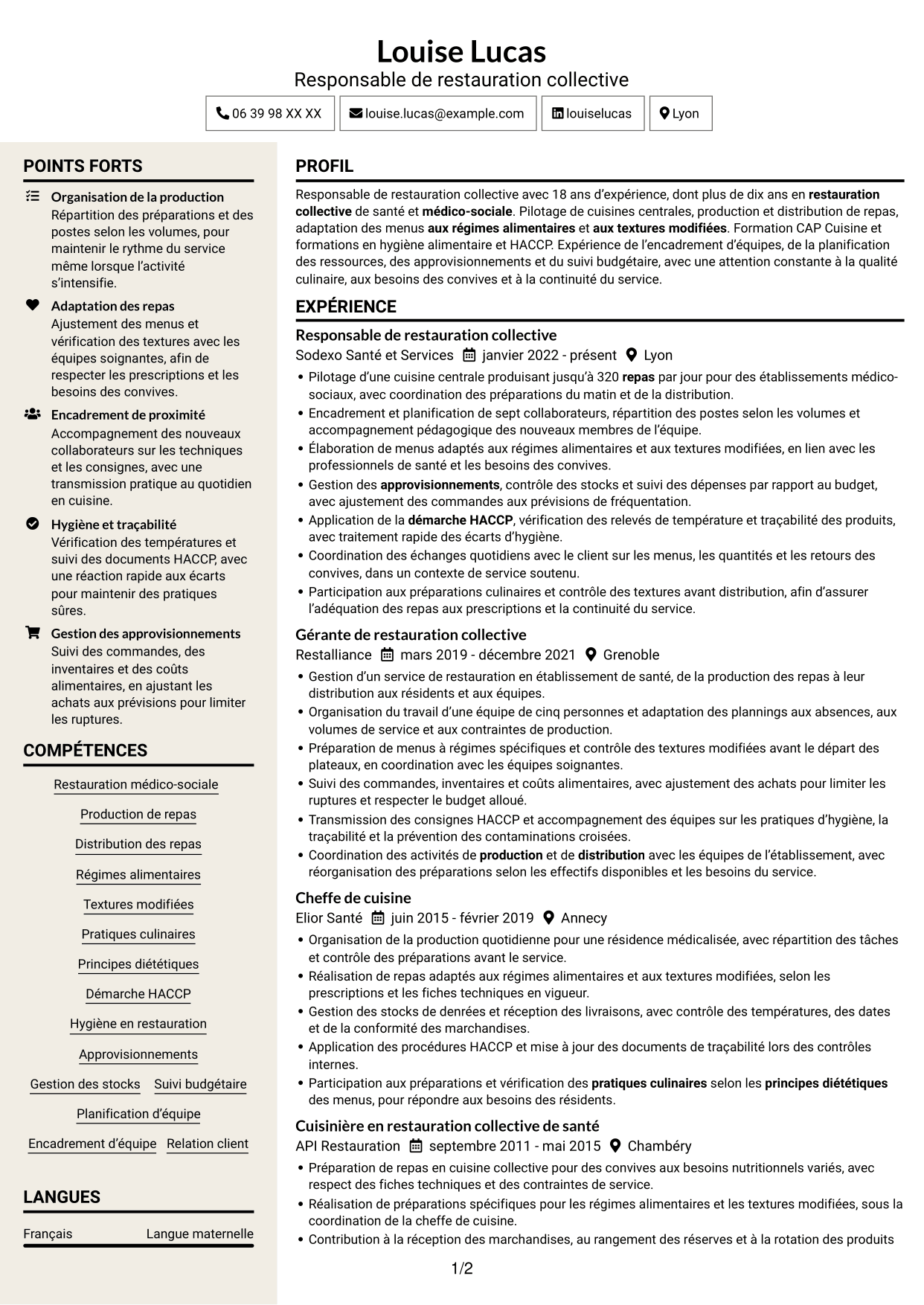 CV Fonceur (format à deux colonnes avec en-tête centré sans photo) : Responsable de restauration collective - Restauration médico-sociale, page 1