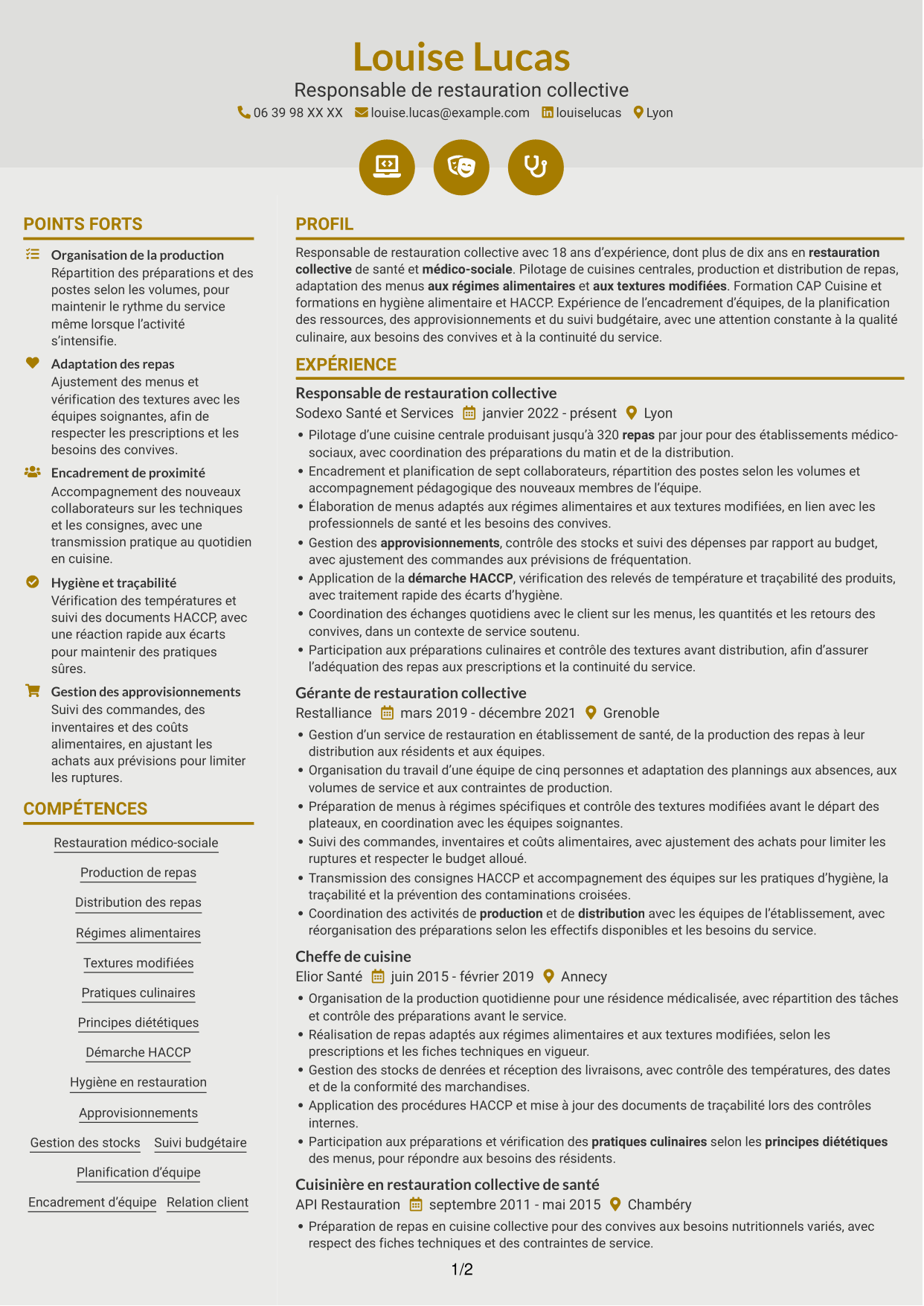CV Dynamique (format à deux colonnes avec icônes) : Responsable de restauration collective - Restauration médico-sociale, page 1