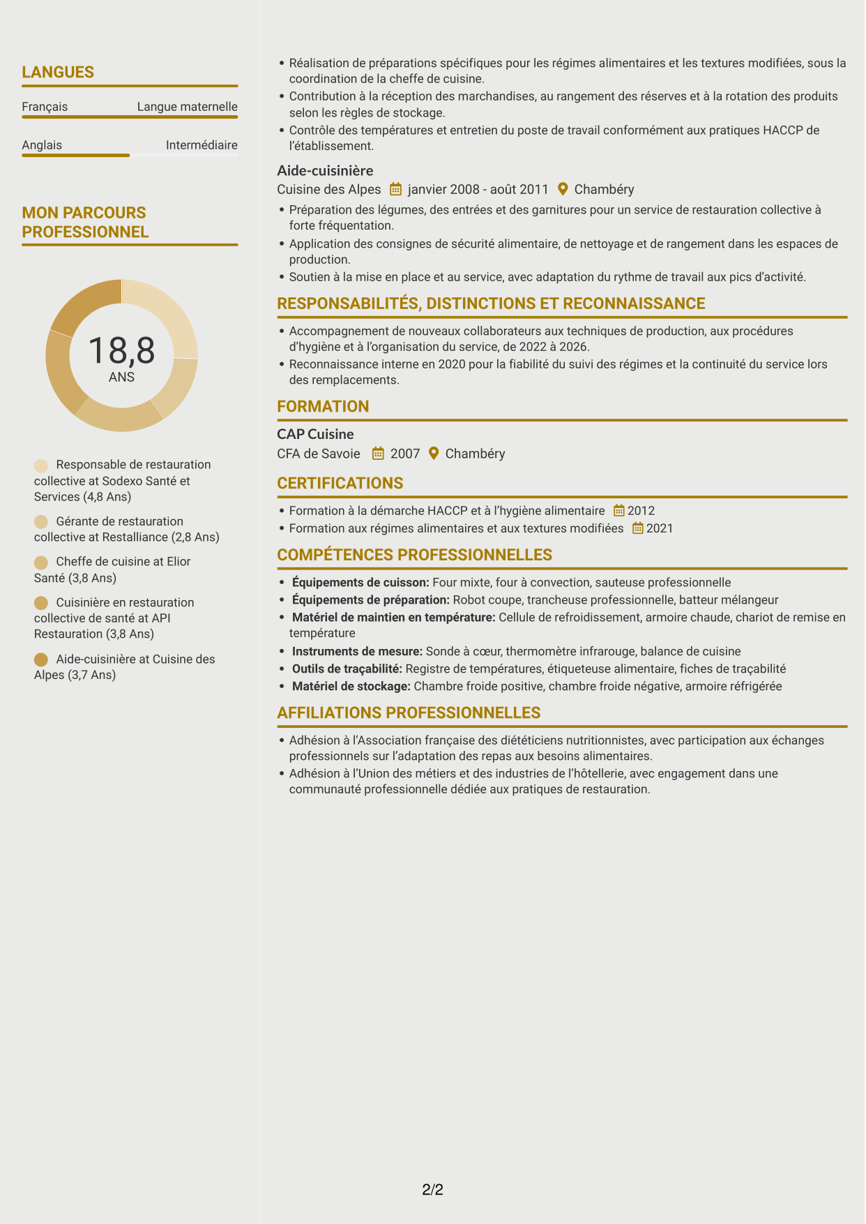CV Dynamique (format à deux colonnes avec icônes) : Responsable de restauration collective - Restauration médico-sociale, page 2