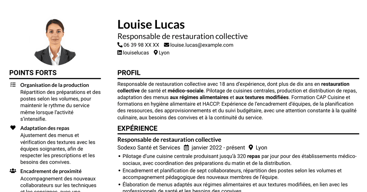 7 modèles de CV pour Responsable de restauration collective - Restauration médico-sociale, avec exemples