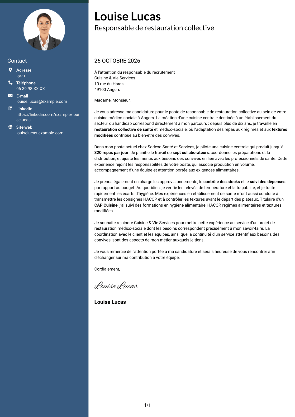 Lettre de motivation Élégant (format à colonne latérale colorée avec photo) : Responsable de restauration collective - Restauration médico-sociale, page 1