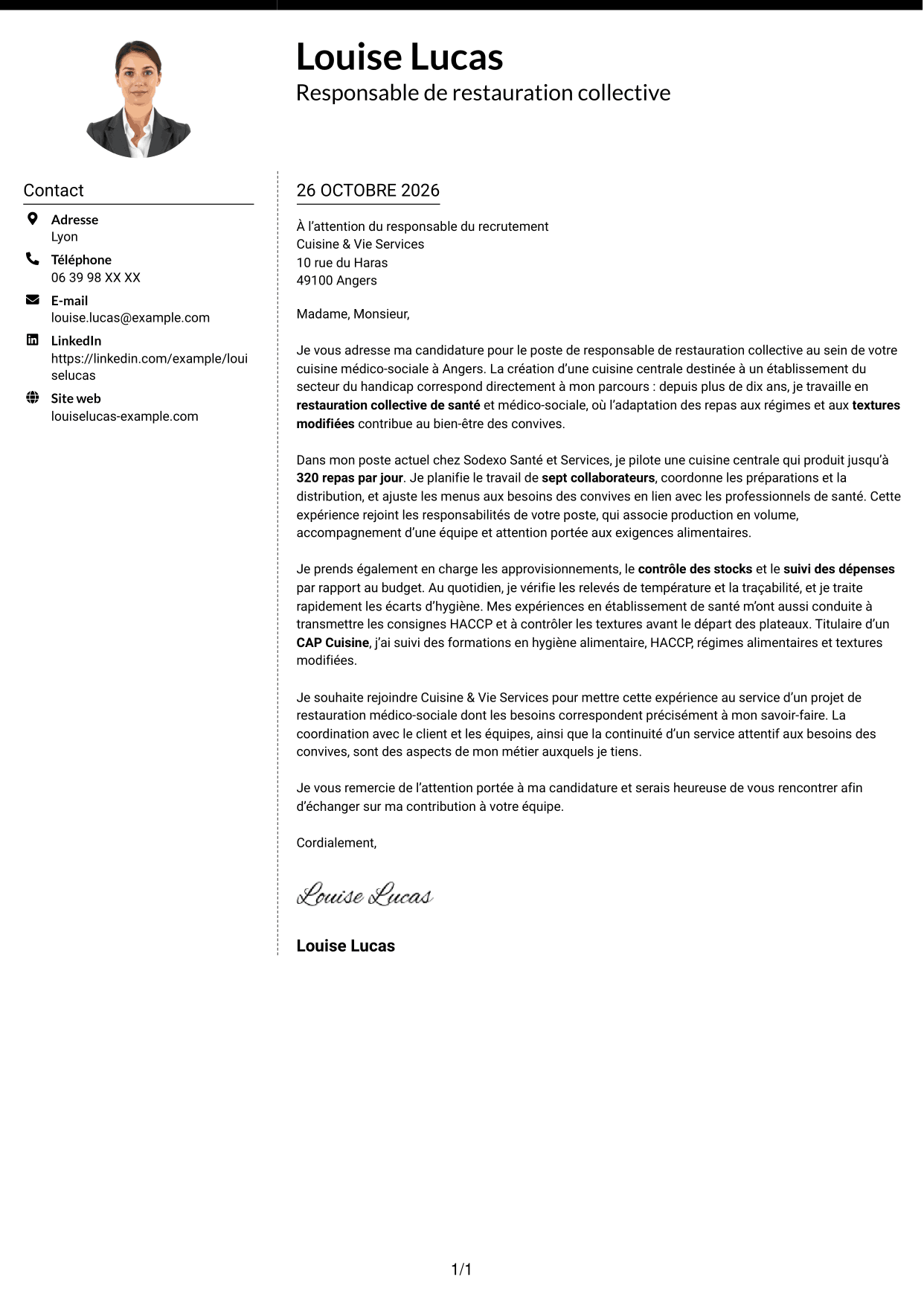 Lettre de motivation Moderne (format à deux colonnes avec photo à gauche et séparateur) : Responsable de restauration collective - Restauration médico-sociale, page 1