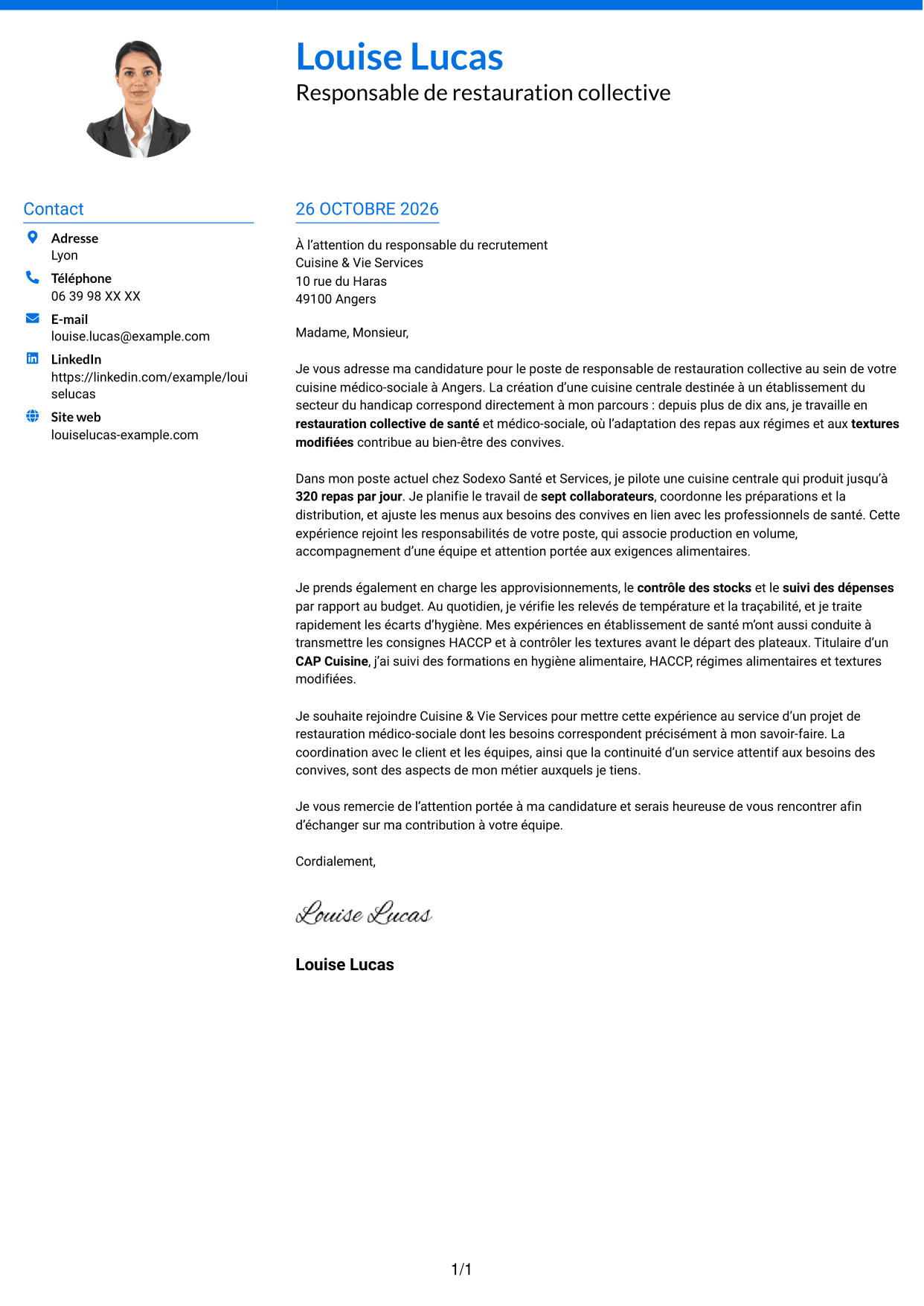 Lettre de motivation Audacieux (format à deux colonnes avec accents colorés et photo) : Responsable de restauration collective - Restauration médico-sociale, page 1