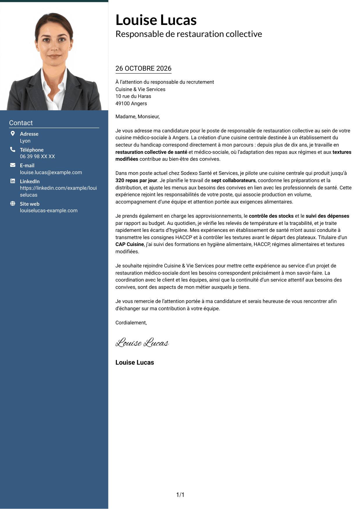 Lettre de motivation Signature (format à colonne latérale colorée avec grande photo) : Responsable de restauration collective - Restauration médico-sociale, page 1