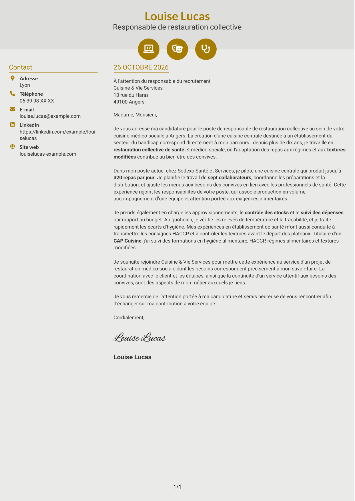 Lettre de motivation Dynamique (format à deux colonnes avec icônes) : Responsable de restauration collective - Restauration médico-sociale, page 1