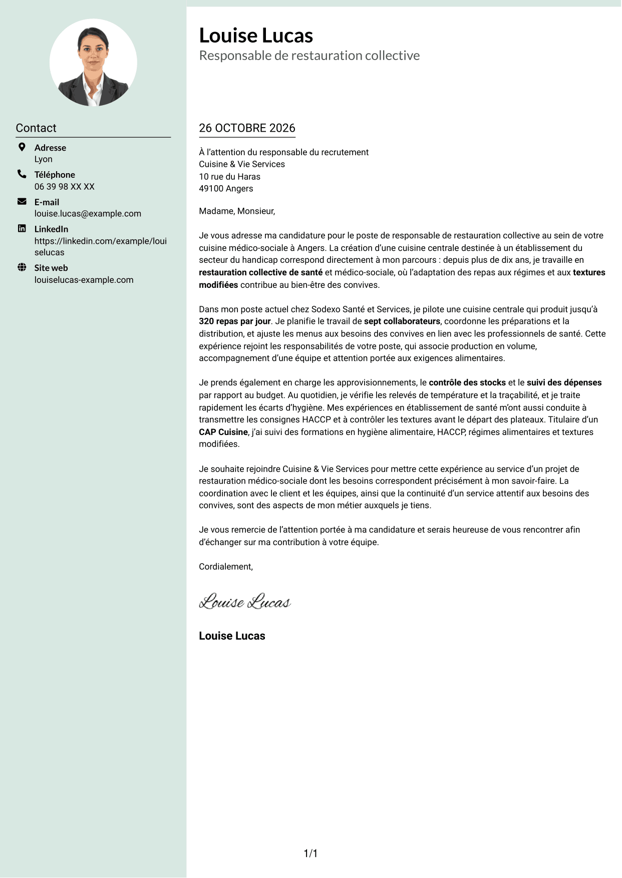 Lettre de motivation Cadre (format à colonne latérale douce avec photo arrondie) : Responsable de restauration collective - Restauration médico-sociale, page 1