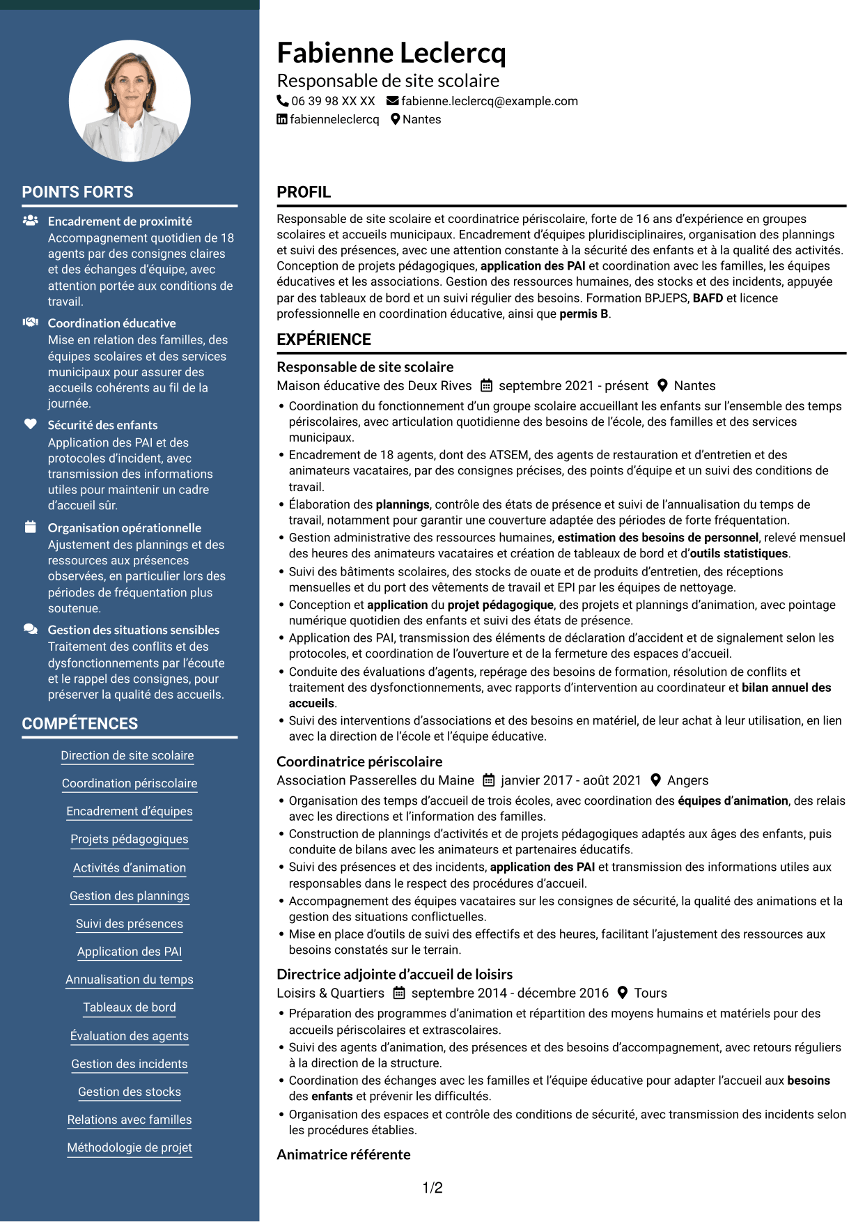 CV Élégant (format à colonne latérale colorée avec photo) : Responsable de site scolaire - Coordination périscolaire, page 1