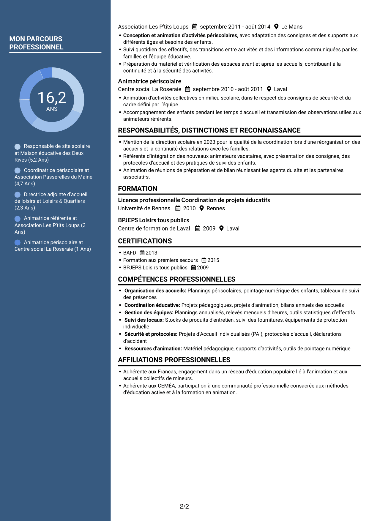 CV Élégant (format à colonne latérale colorée avec photo) : Responsable de site scolaire - Coordination périscolaire, page 2