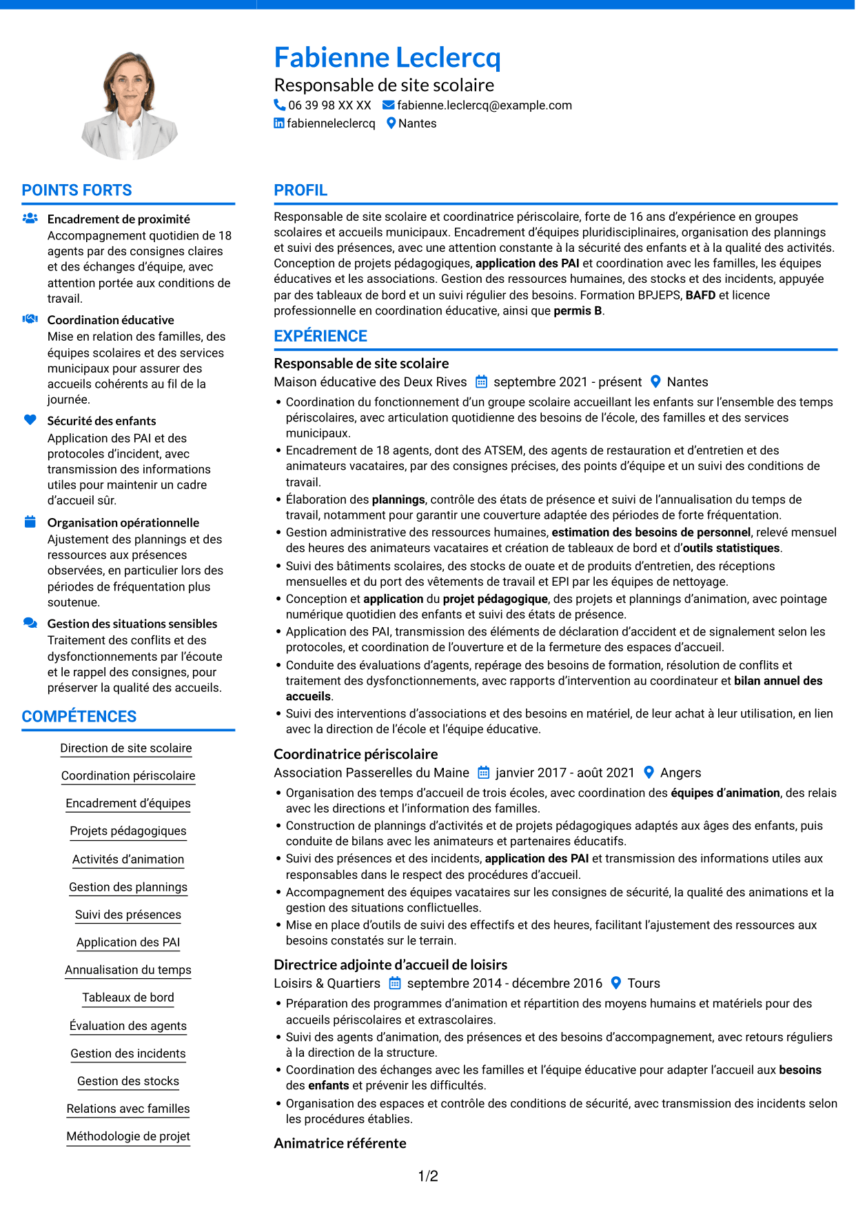 CV Audacieux (format à deux colonnes avec accents colorés et photo) : Responsable de site scolaire - Coordination périscolaire, page 1