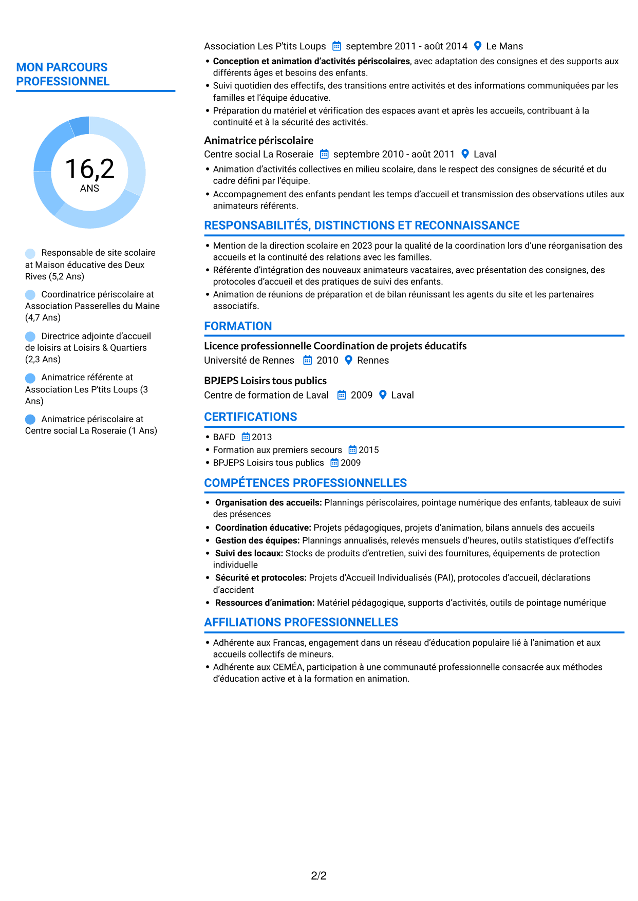 CV Audacieux (format à deux colonnes avec accents colorés et photo) : Responsable de site scolaire - Coordination périscolaire, page 2