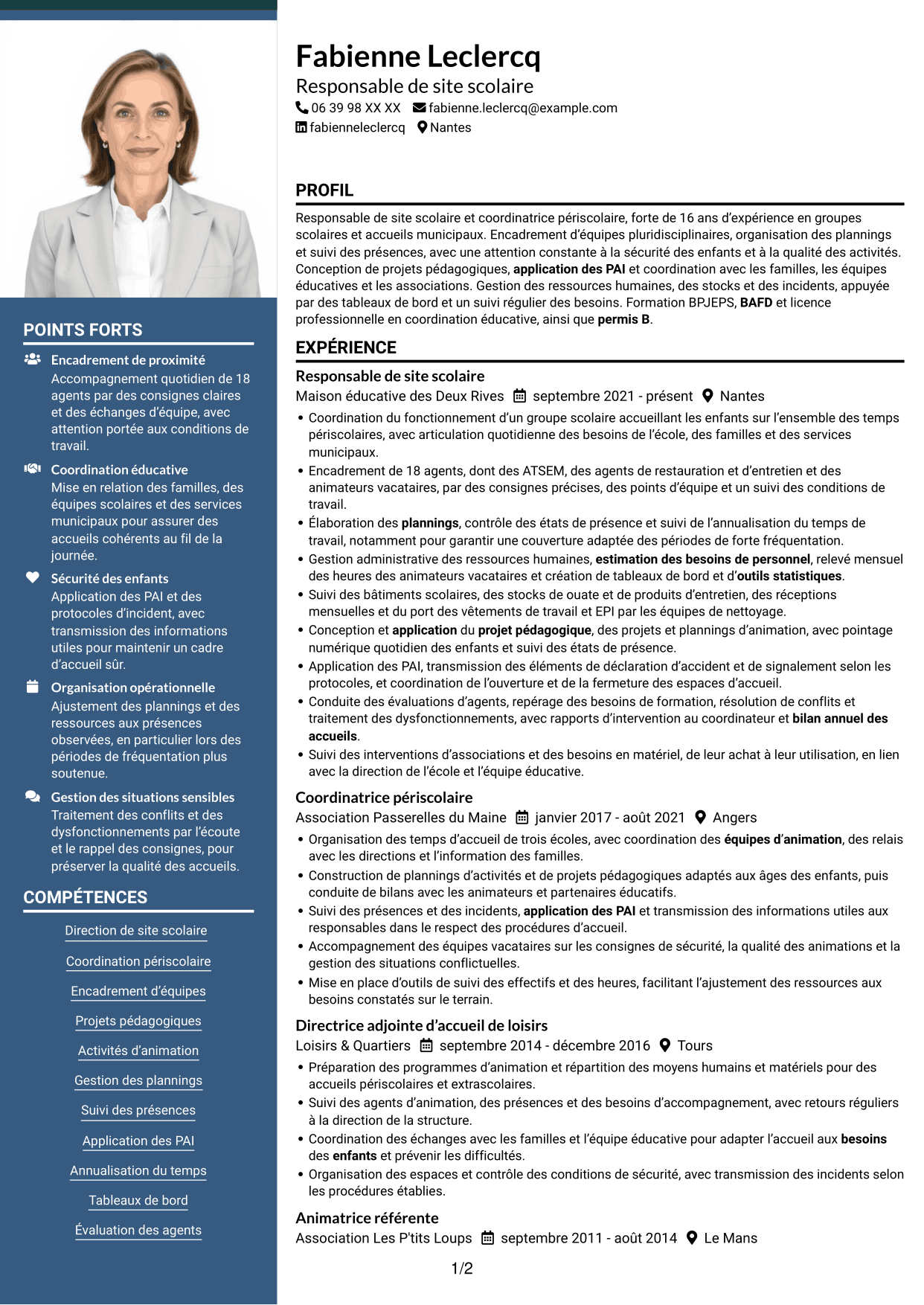 CV Signature (format à colonne latérale colorée avec grande photo) : Responsable de site scolaire - Coordination périscolaire, page 1