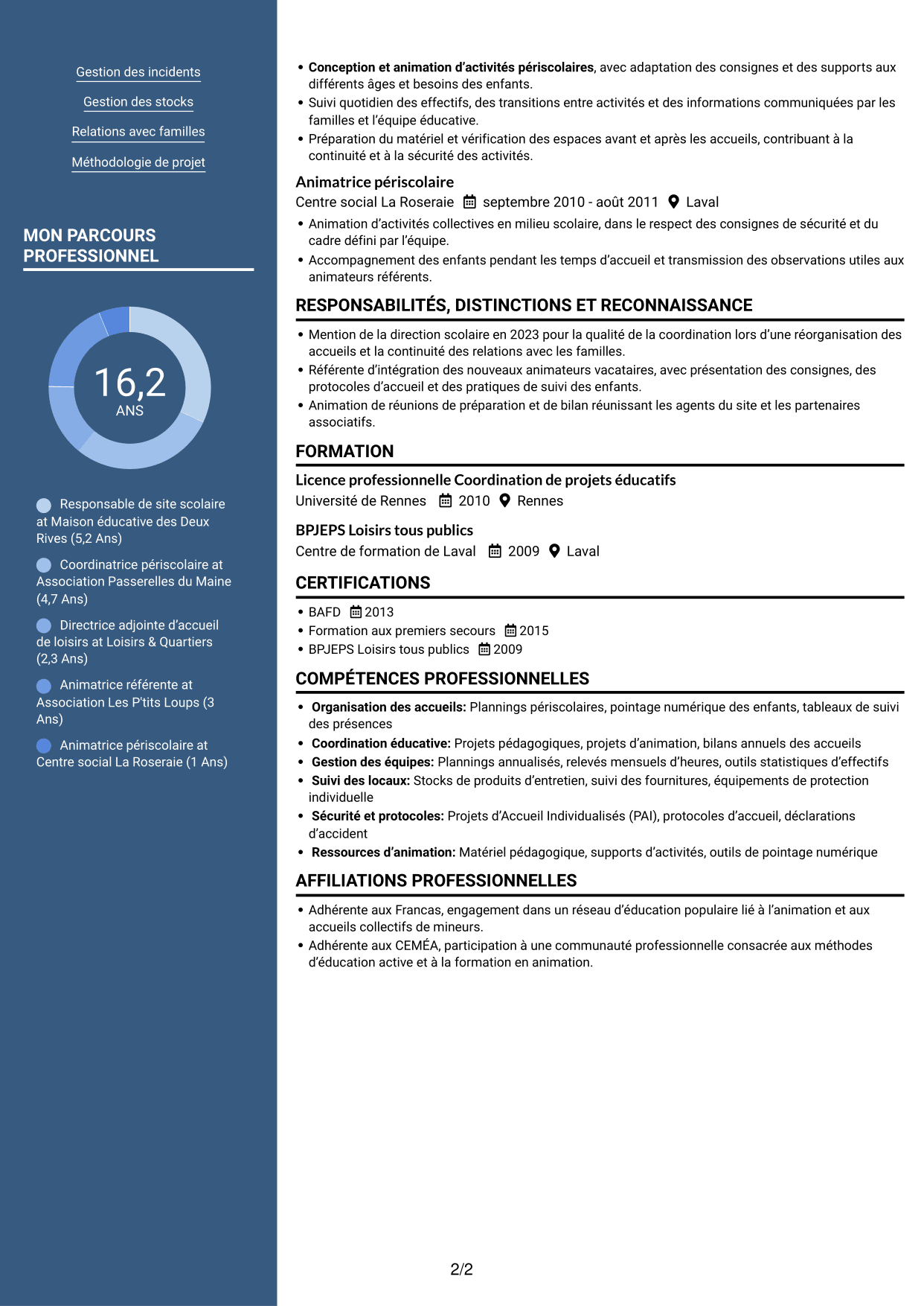 CV Signature (format à colonne latérale colorée avec grande photo) : Responsable de site scolaire - Coordination périscolaire, page 2