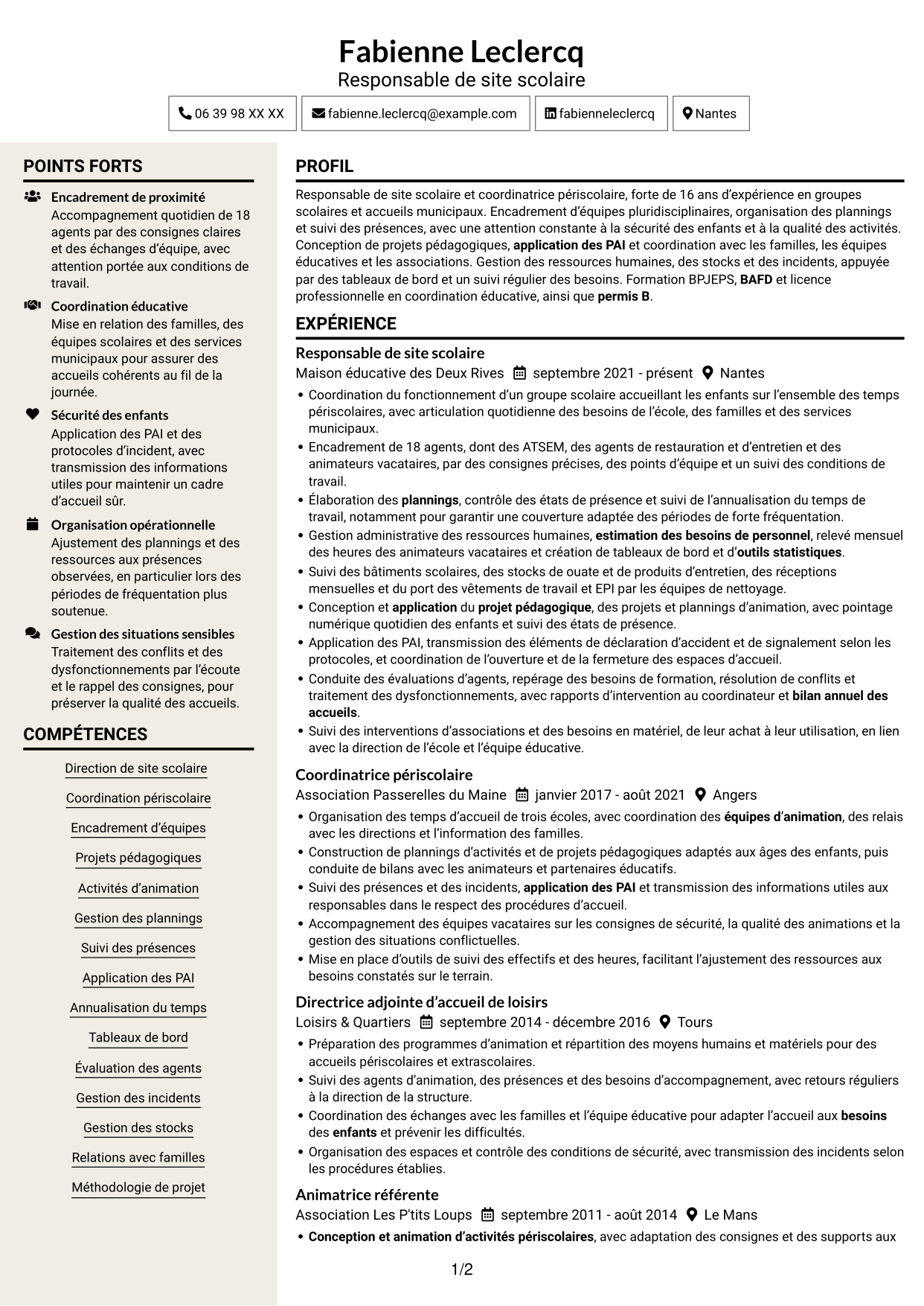 CV Fonceur (format à deux colonnes avec en-tête centré sans photo) : Responsable de site scolaire - Coordination périscolaire, page 1