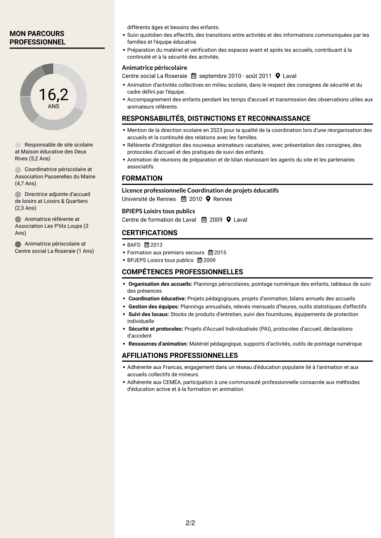 CV Fonceur (format à deux colonnes avec en-tête centré sans photo) : Responsable de site scolaire - Coordination périscolaire, page 2