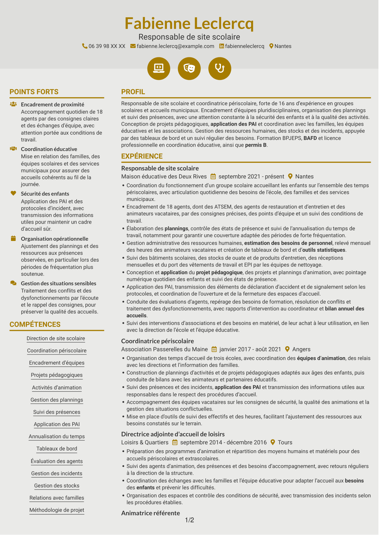 CV Dynamique (format à deux colonnes avec icônes) : Responsable de site scolaire - Coordination périscolaire, page 1