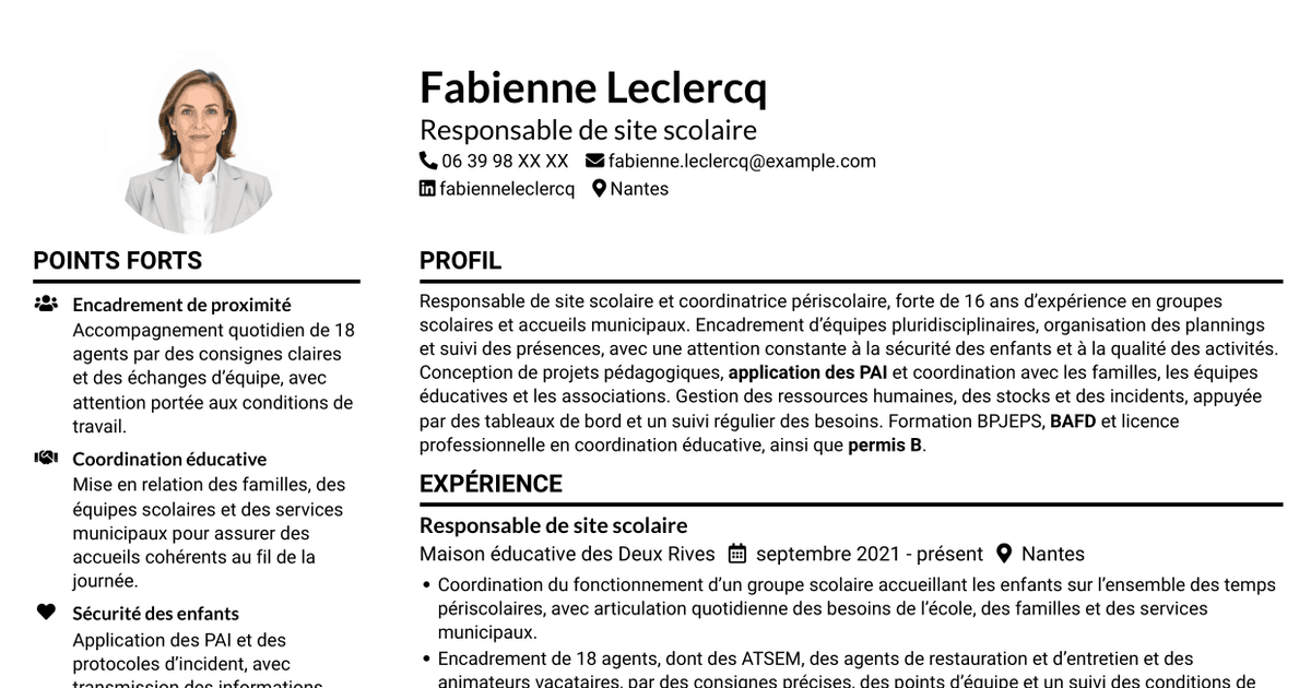 7 modèles de CV pour Responsable de site scolaire - Coordination périscolaire, avec exemples