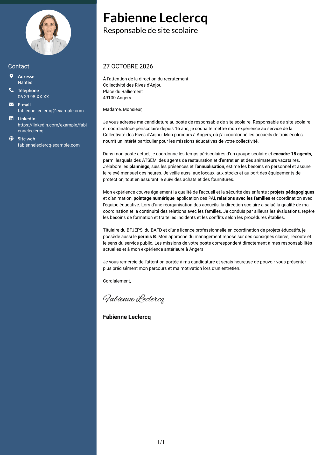 Lettre de motivation Élégant (format à colonne latérale colorée avec photo) : Responsable de site scolaire - Coordination périscolaire, page 1