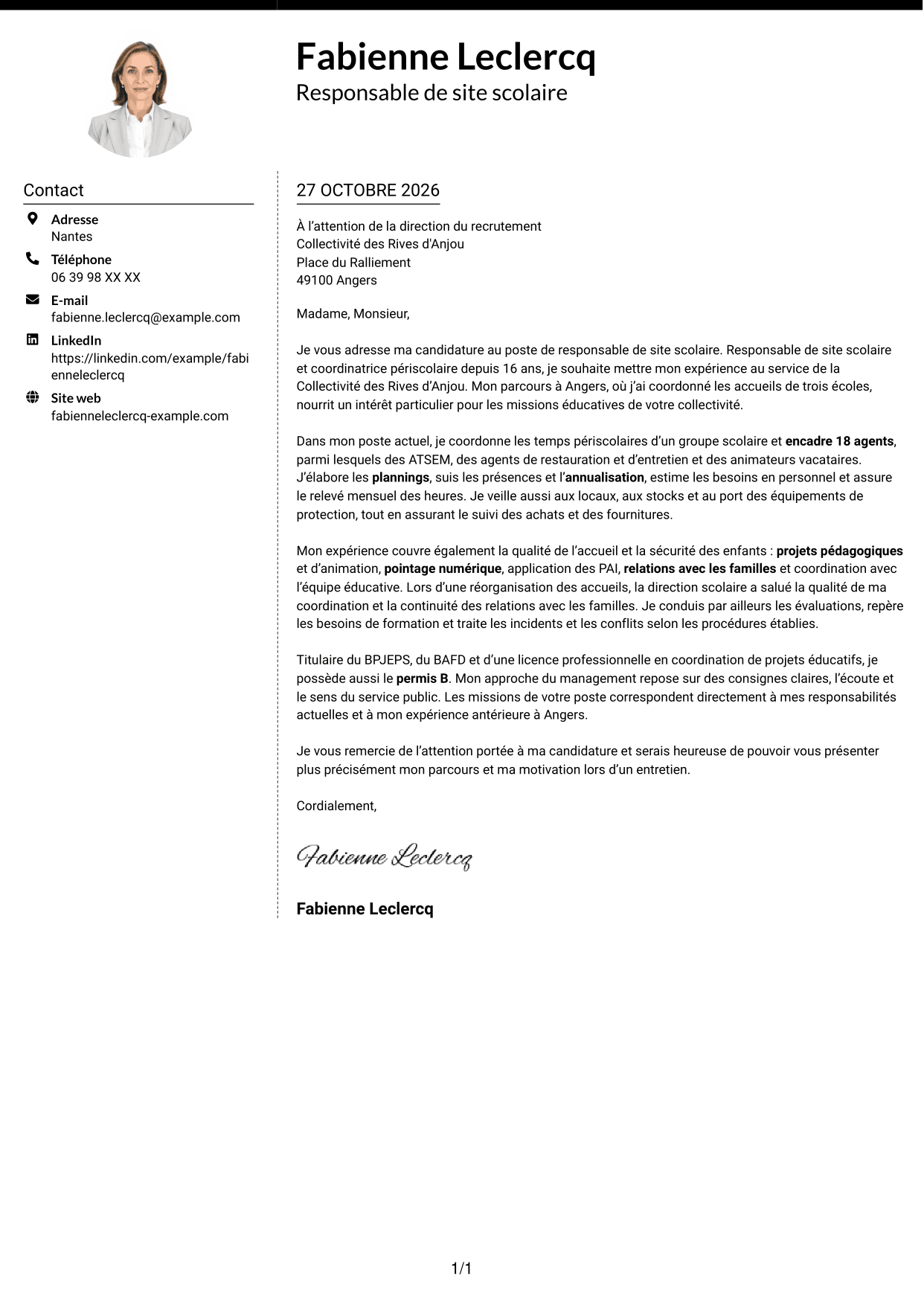 Lettre de motivation Moderne (format à deux colonnes avec photo à gauche et séparateur) : Responsable de site scolaire - Coordination périscolaire, page 1