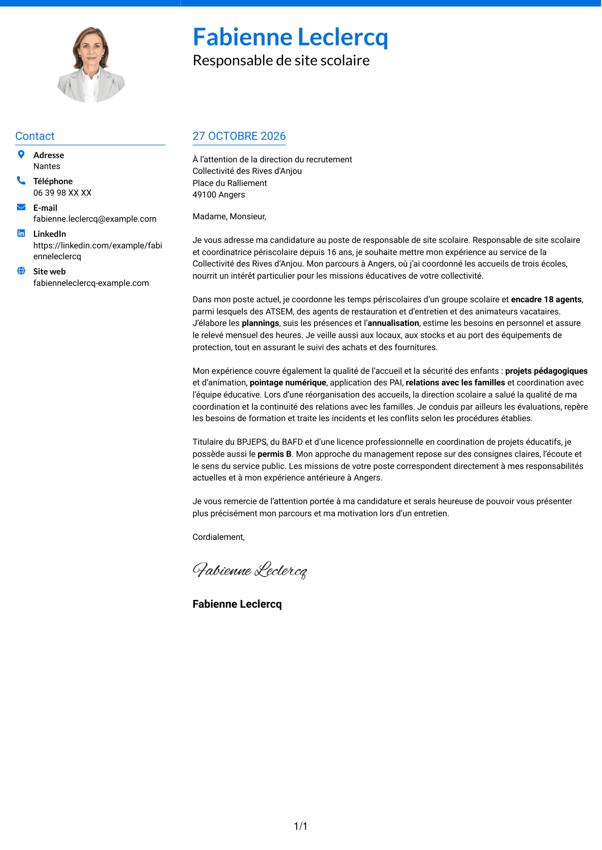 Lettre de motivation Audacieux (format à deux colonnes avec accents colorés et photo) : Responsable de site scolaire - Coordination périscolaire, page 1