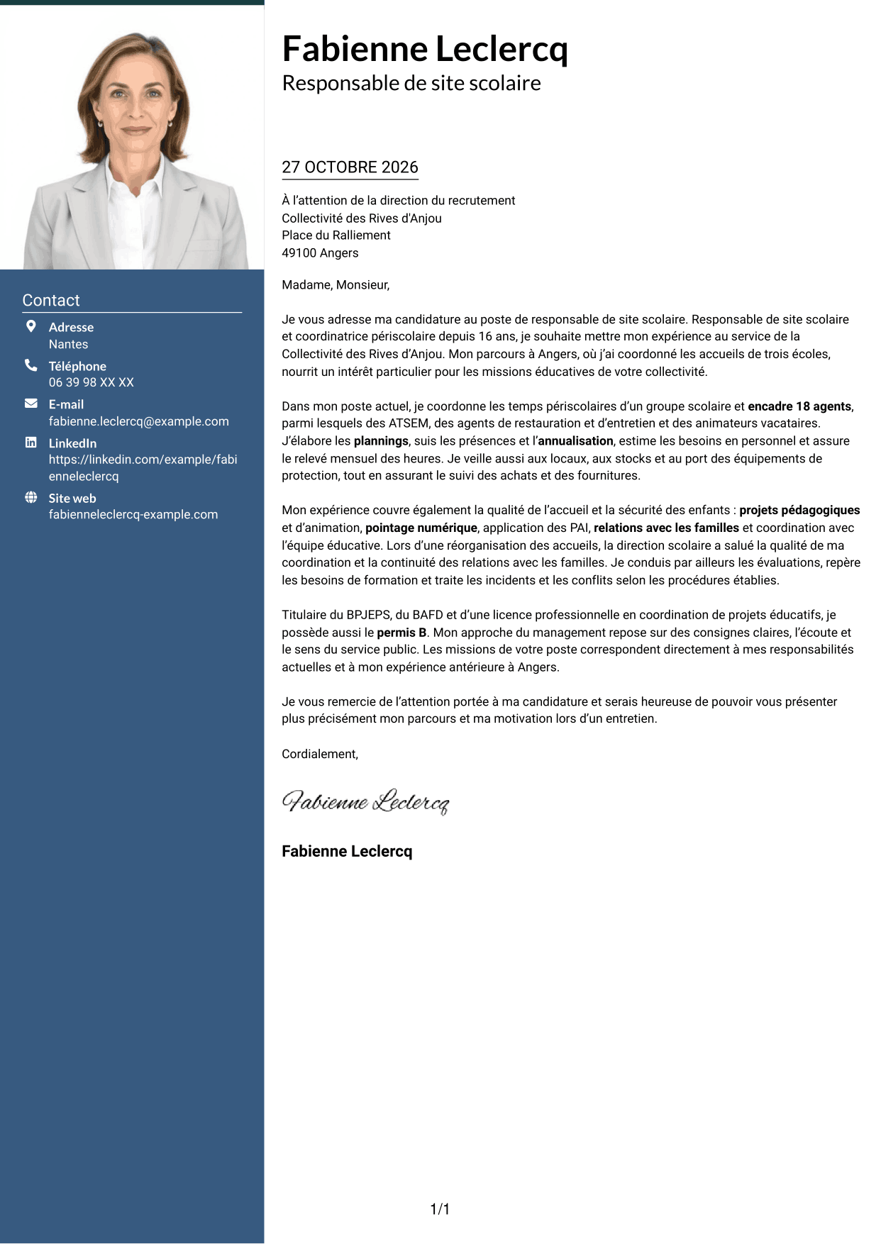 Lettre de motivation Signature (format à colonne latérale colorée avec grande photo) : Responsable de site scolaire - Coordination périscolaire, page 1