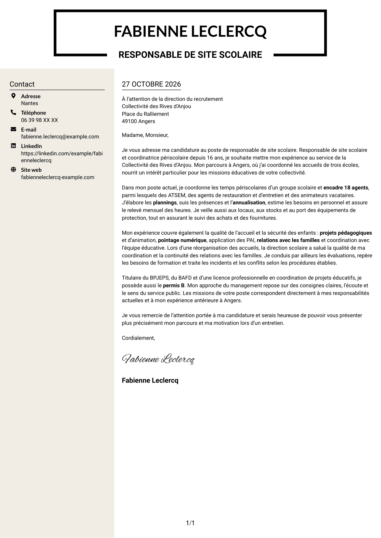 Lettre de motivation Fonceur (format à deux colonnes avec en-tête centré sans photo) : Responsable de site scolaire - Coordination périscolaire, page 1
