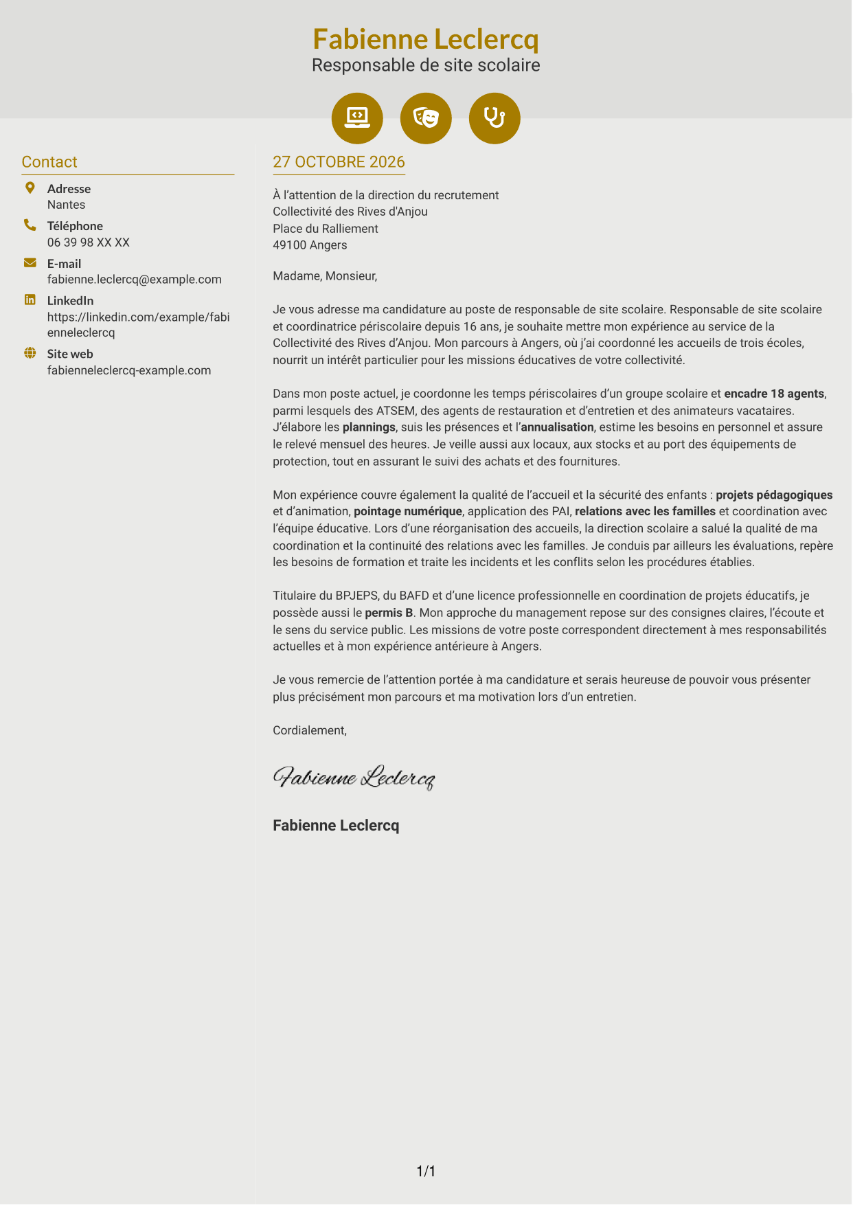 Lettre de motivation Dynamique (format à deux colonnes avec icônes) : Responsable de site scolaire - Coordination périscolaire, page 1