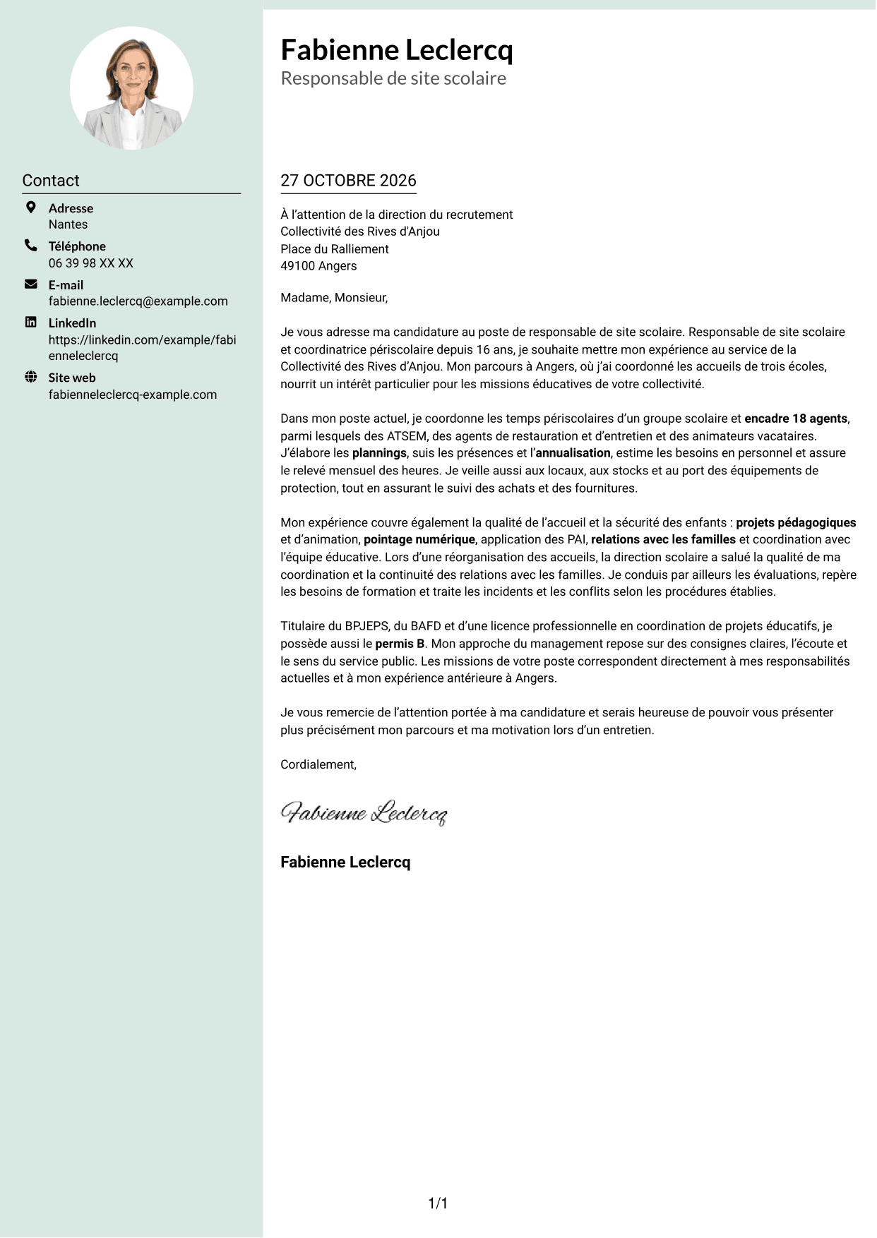 Lettre de motivation Cadre (format à colonne latérale douce avec photo arrondie) : Responsable de site scolaire - Coordination périscolaire, page 1
