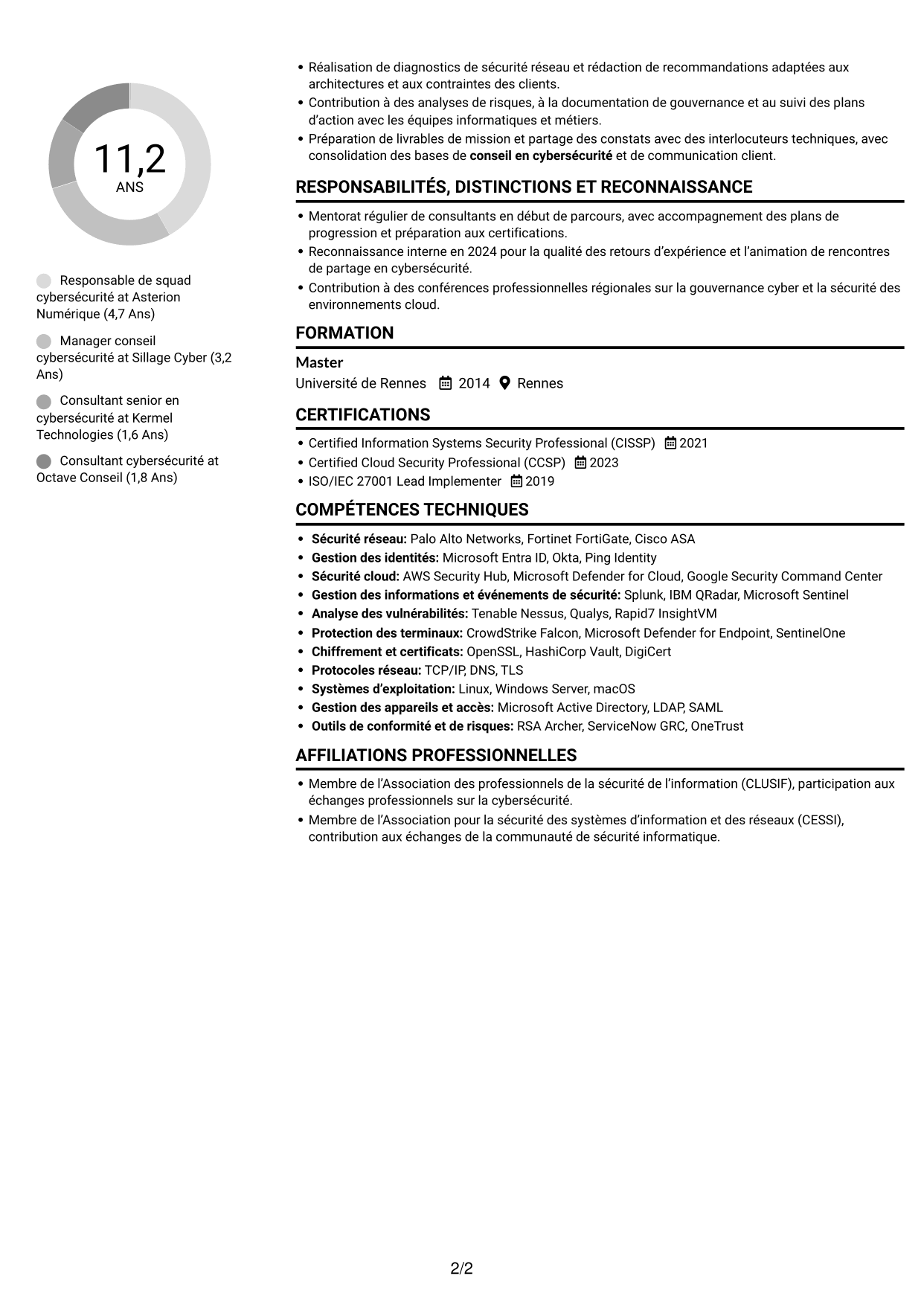 CV Compact (format sobre à deux colonnes avec photo) : Responsable de squad cybersécurité, page 2