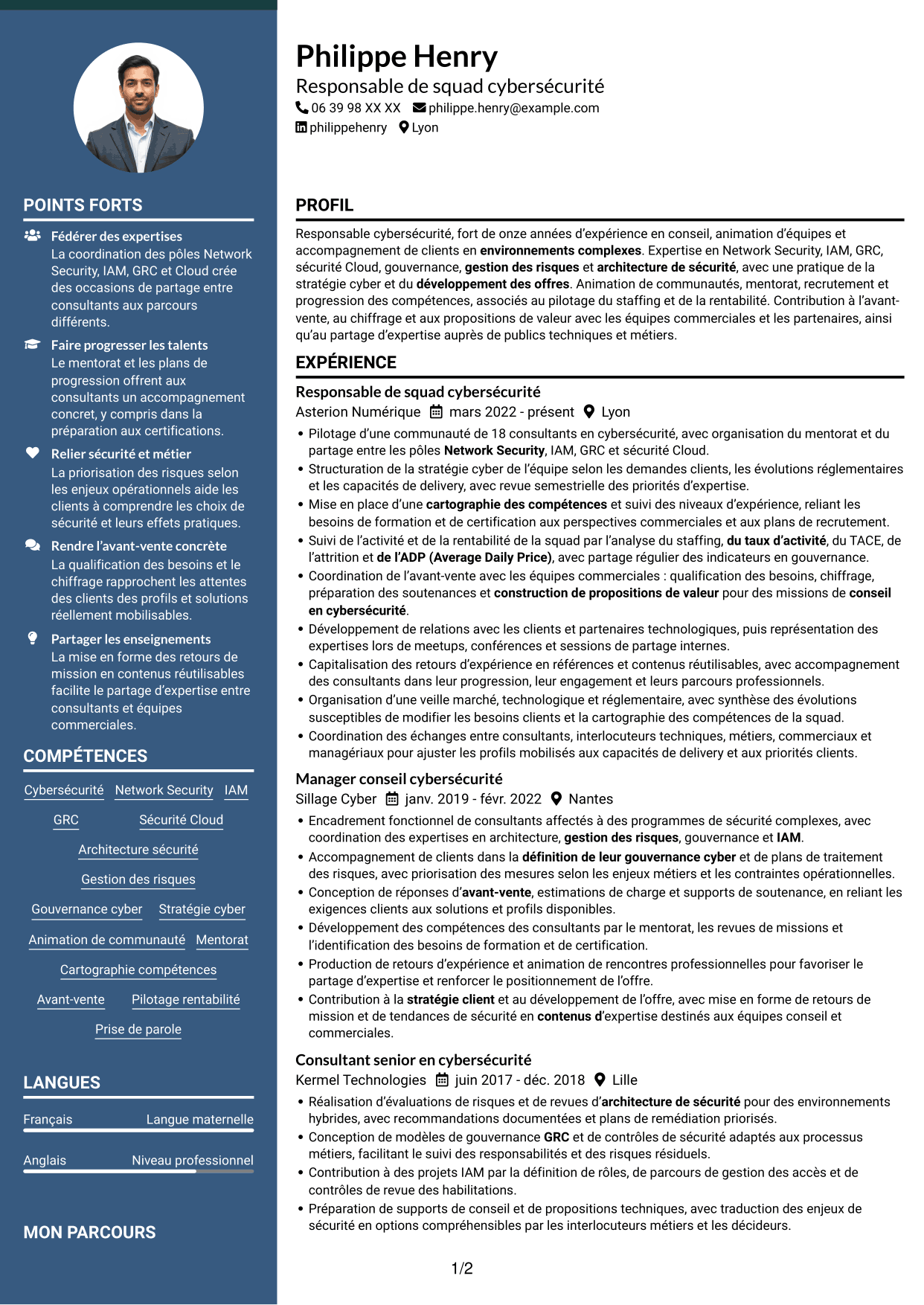 CV Élégant (format à colonne latérale colorée avec photo) : Responsable de squad cybersécurité, page 1