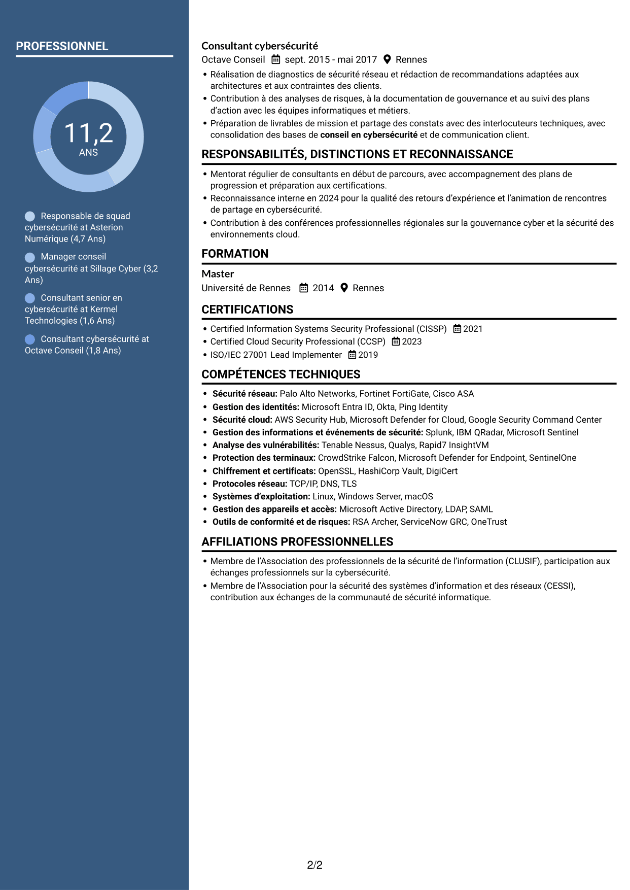 CV Élégant (format à colonne latérale colorée avec photo) : Responsable de squad cybersécurité, page 2