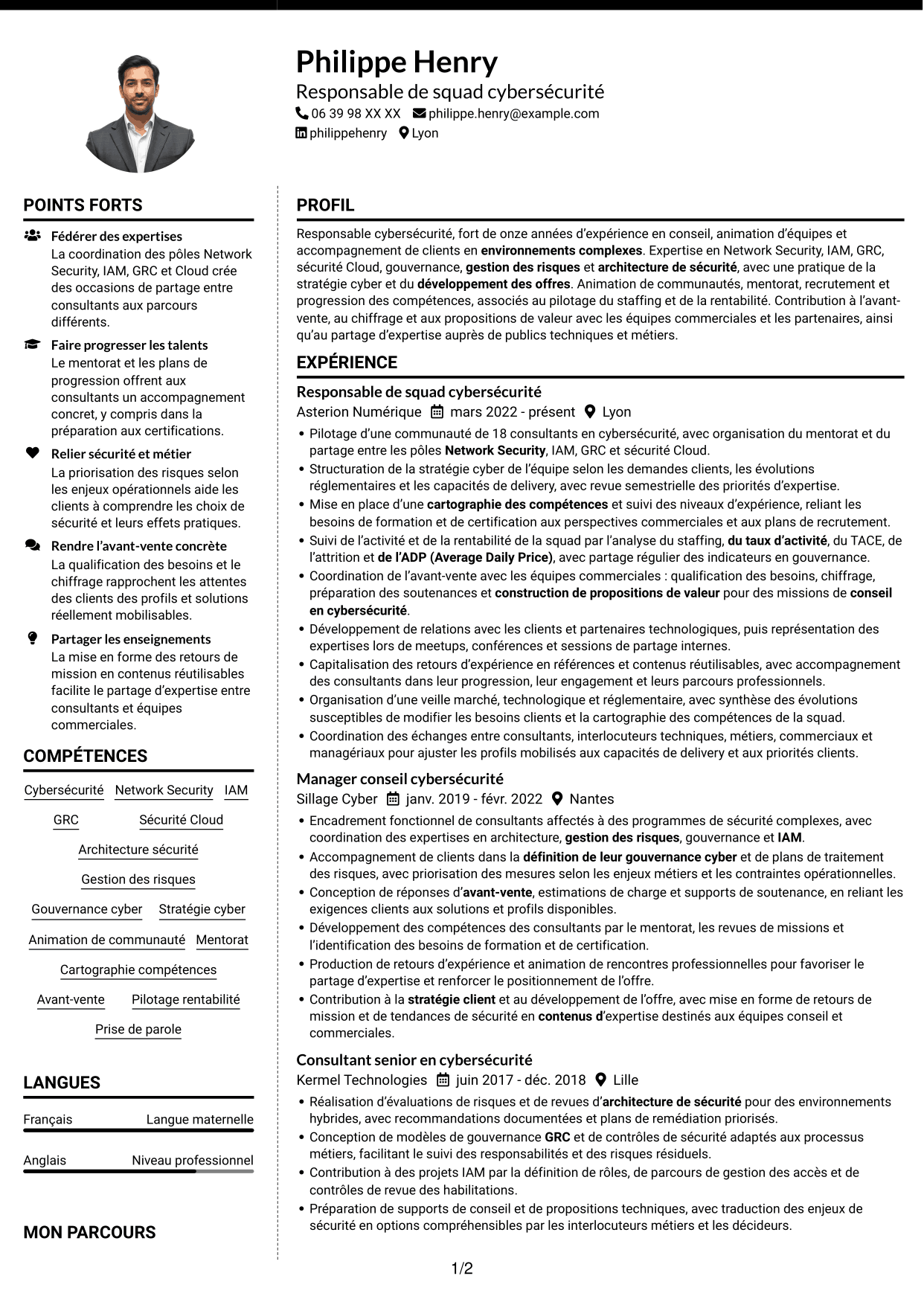 CV Moderne (format à deux colonnes avec photo à gauche et séparateur) : Responsable de squad cybersécurité, page 1