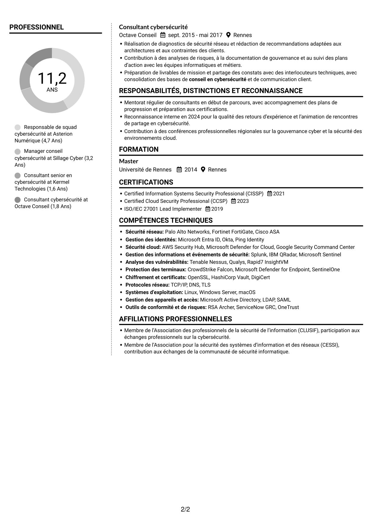 CV Moderne (format à deux colonnes avec photo à gauche et séparateur) : Responsable de squad cybersécurité, page 2