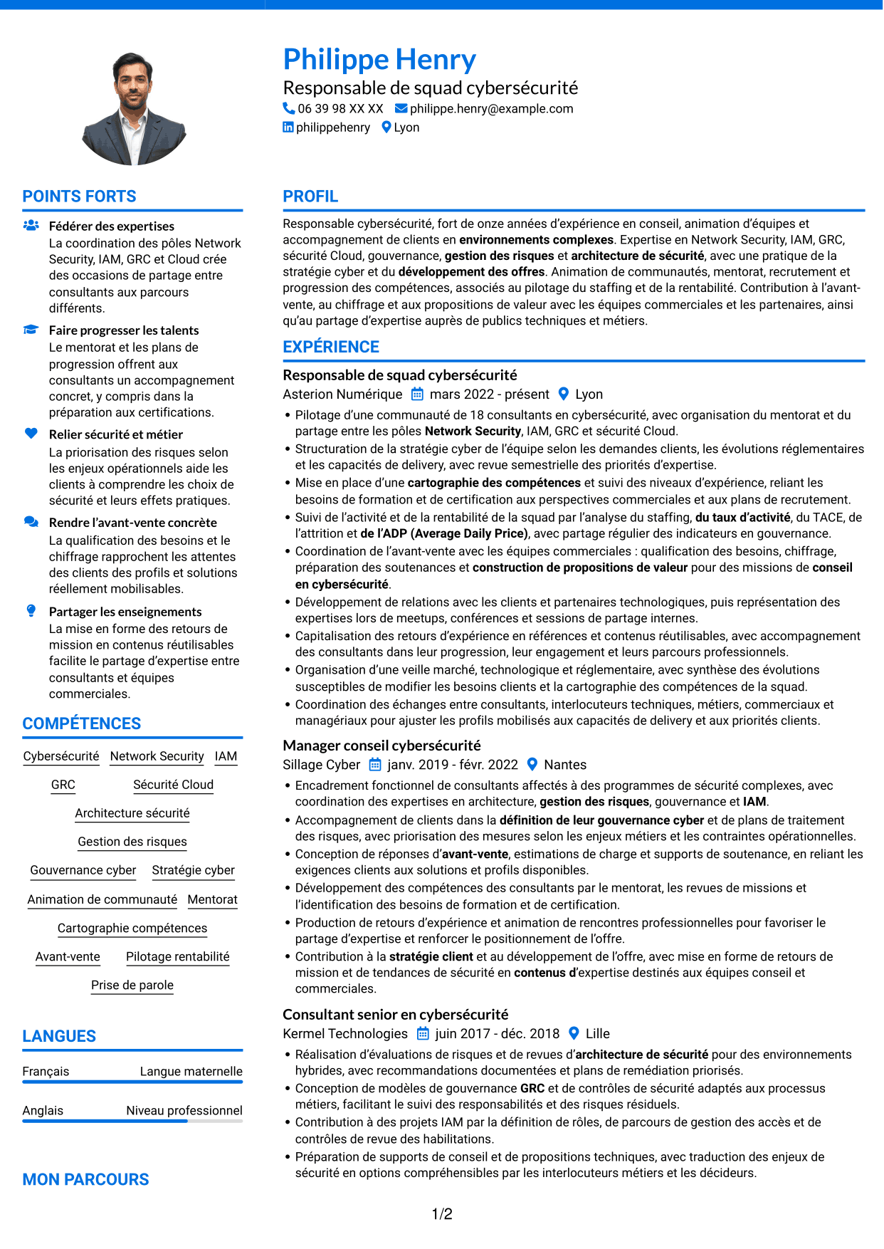 CV Audacieux (format à deux colonnes avec accents colorés et photo) : Responsable de squad cybersécurité, page 1