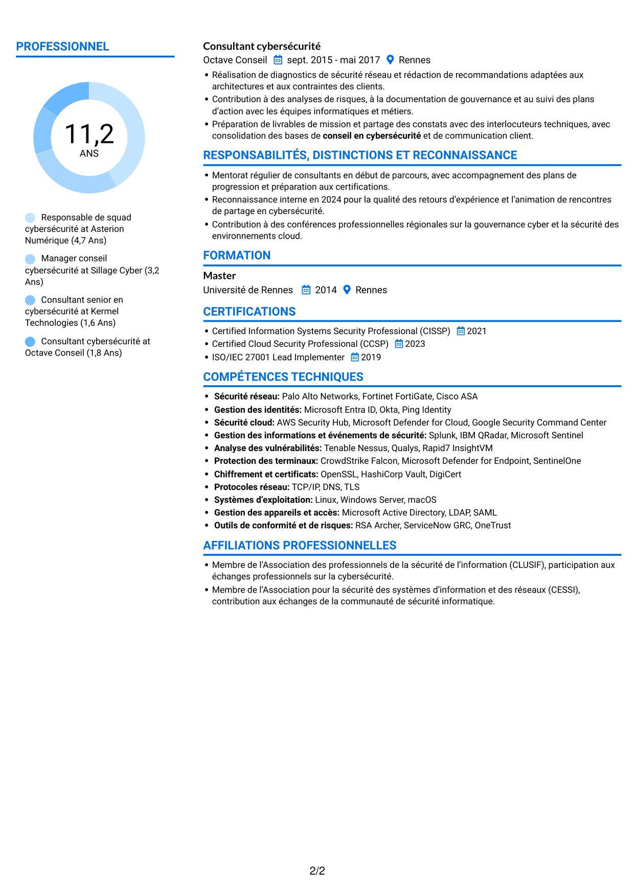 CV Audacieux (format à deux colonnes avec accents colorés et photo) : Responsable de squad cybersécurité, page 2