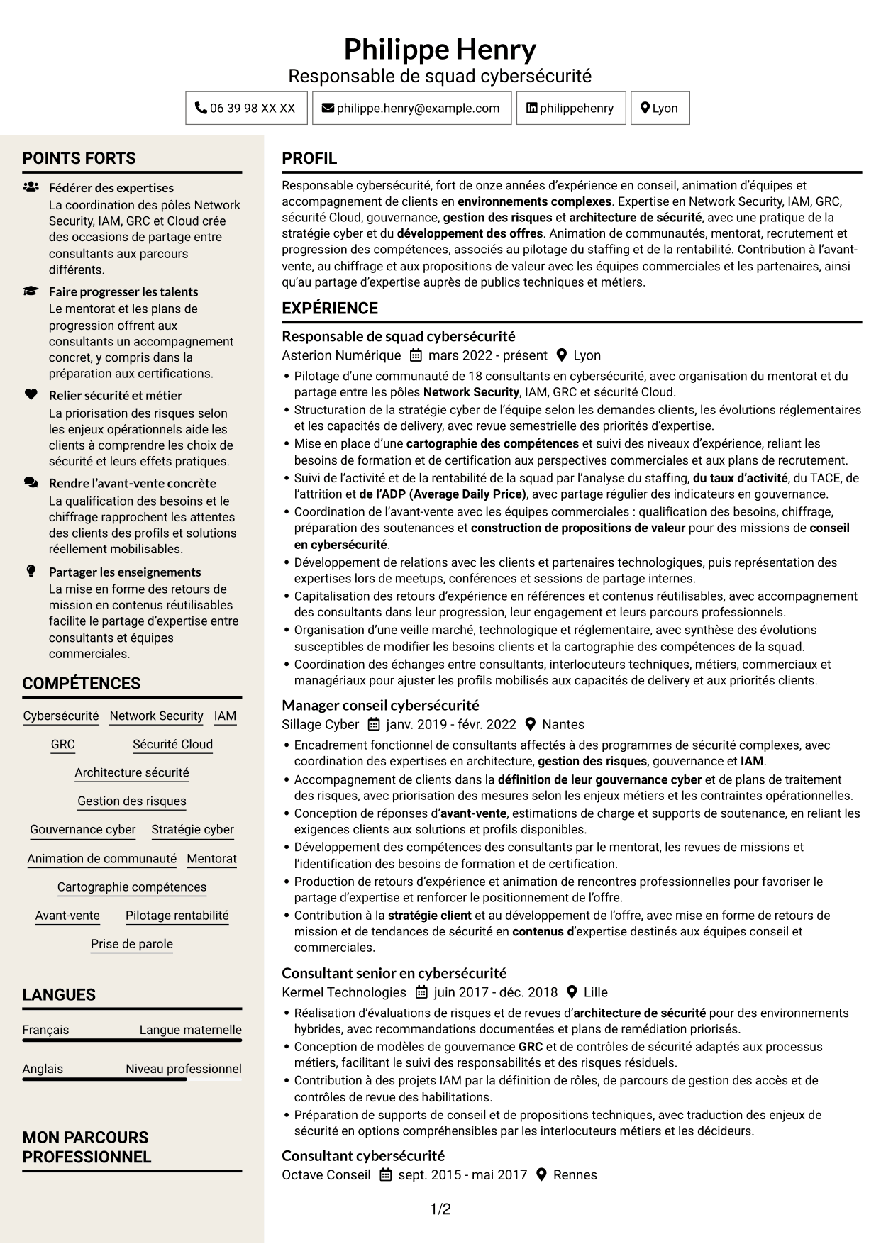 CV Fonceur (format à deux colonnes avec en-tête centré sans photo) : Responsable de squad cybersécurité, page 1