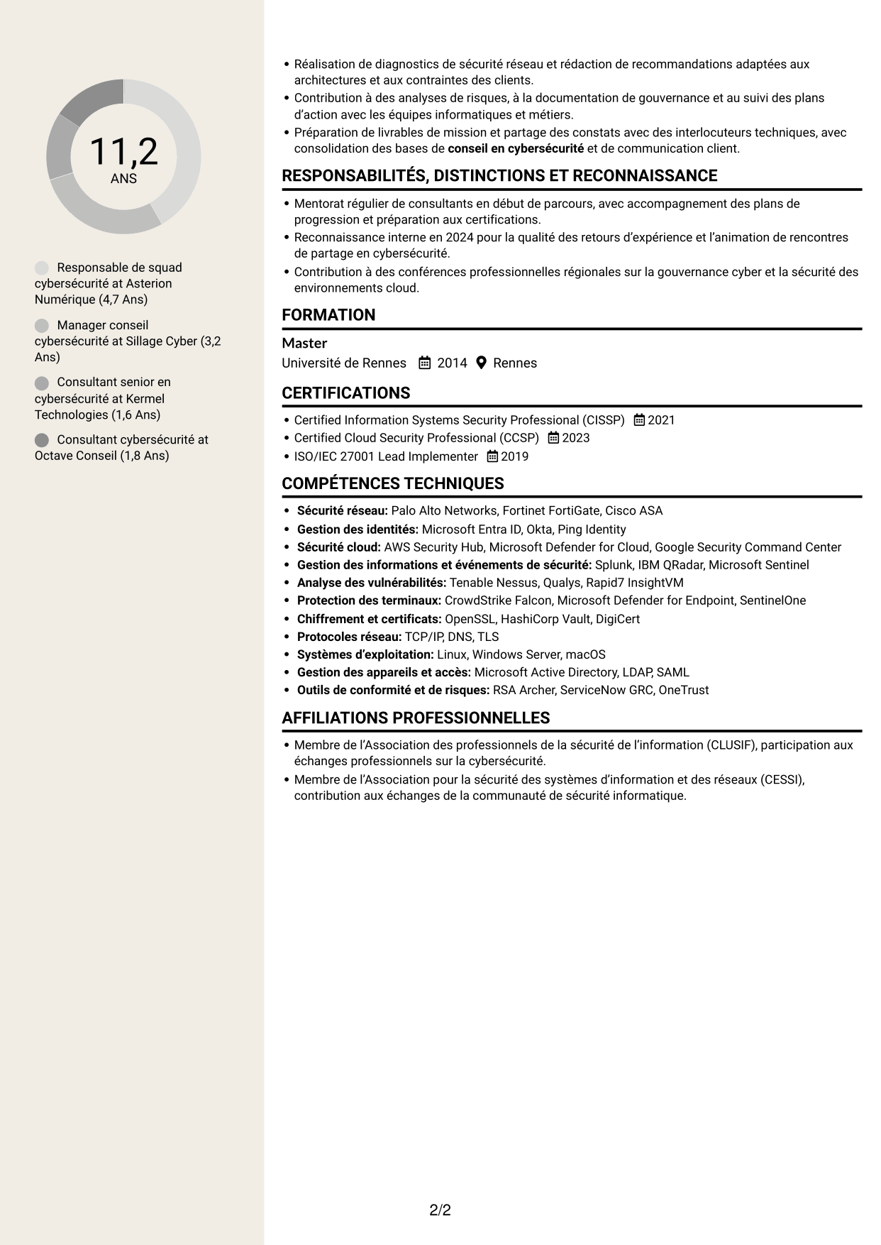 CV Fonceur (format à deux colonnes avec en-tête centré sans photo) : Responsable de squad cybersécurité, page 2