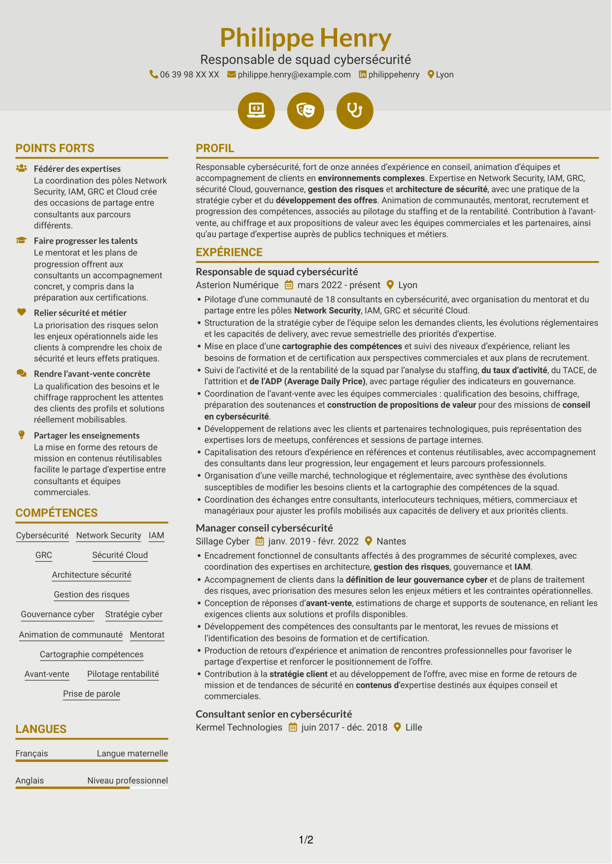 CV Dynamique (format à deux colonnes avec icônes) : Responsable de squad cybersécurité, page 1