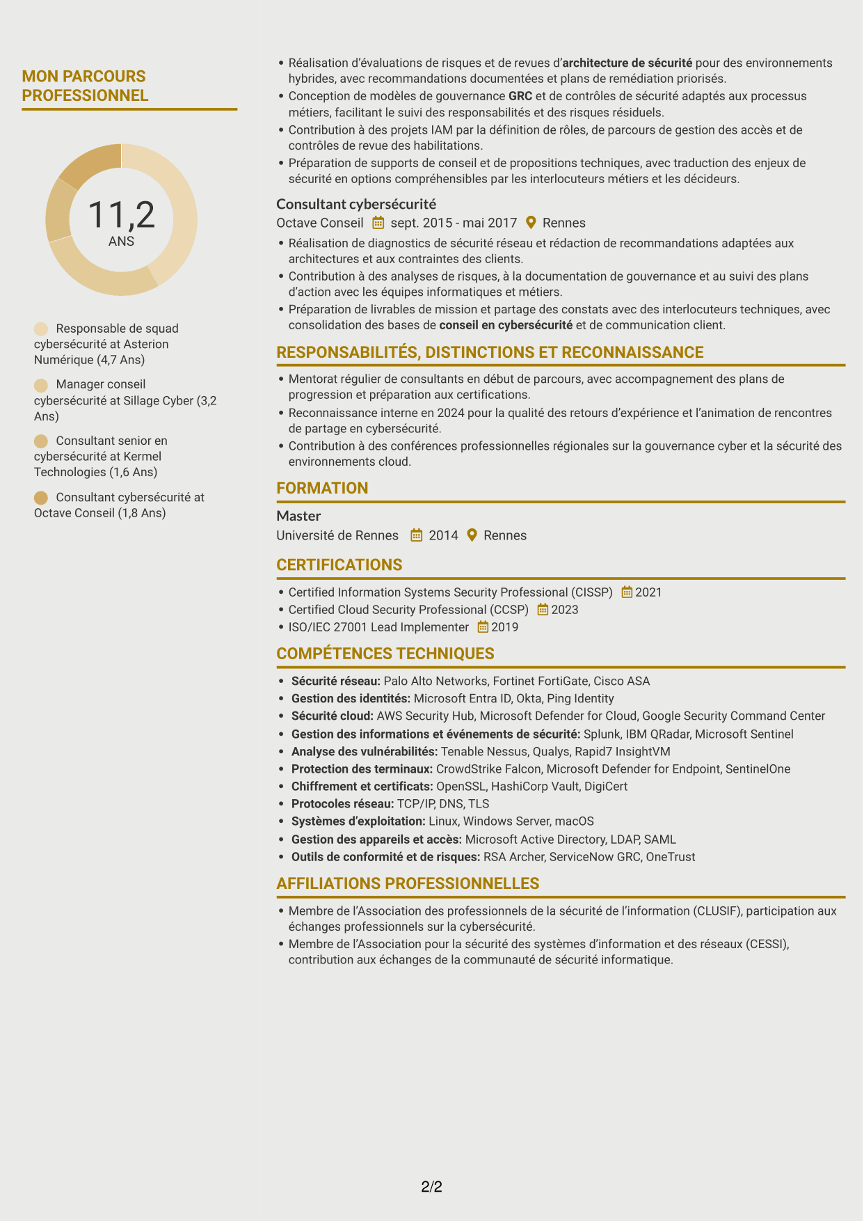 CV Dynamique (format à deux colonnes avec icônes) : Responsable de squad cybersécurité, page 2
