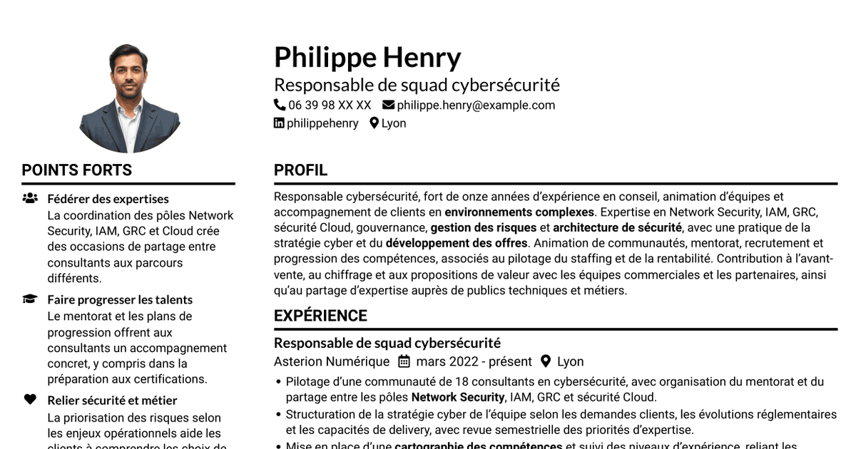 7 modèles de CV pour Responsable de squad cybersécurité, avec exemples